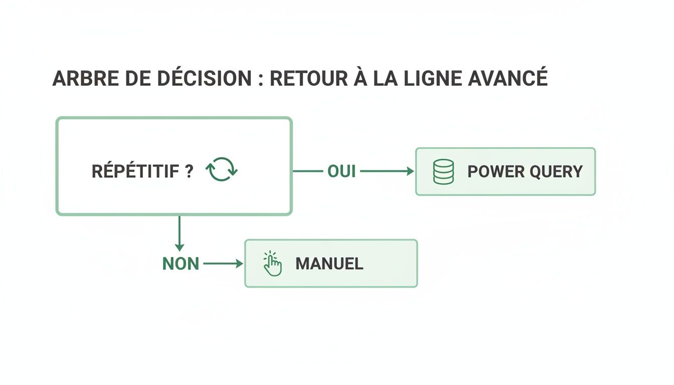 Arbre de décision pour déterminer si une tâche est répétitive et choisir entre Power Query ou un traitement manuel.