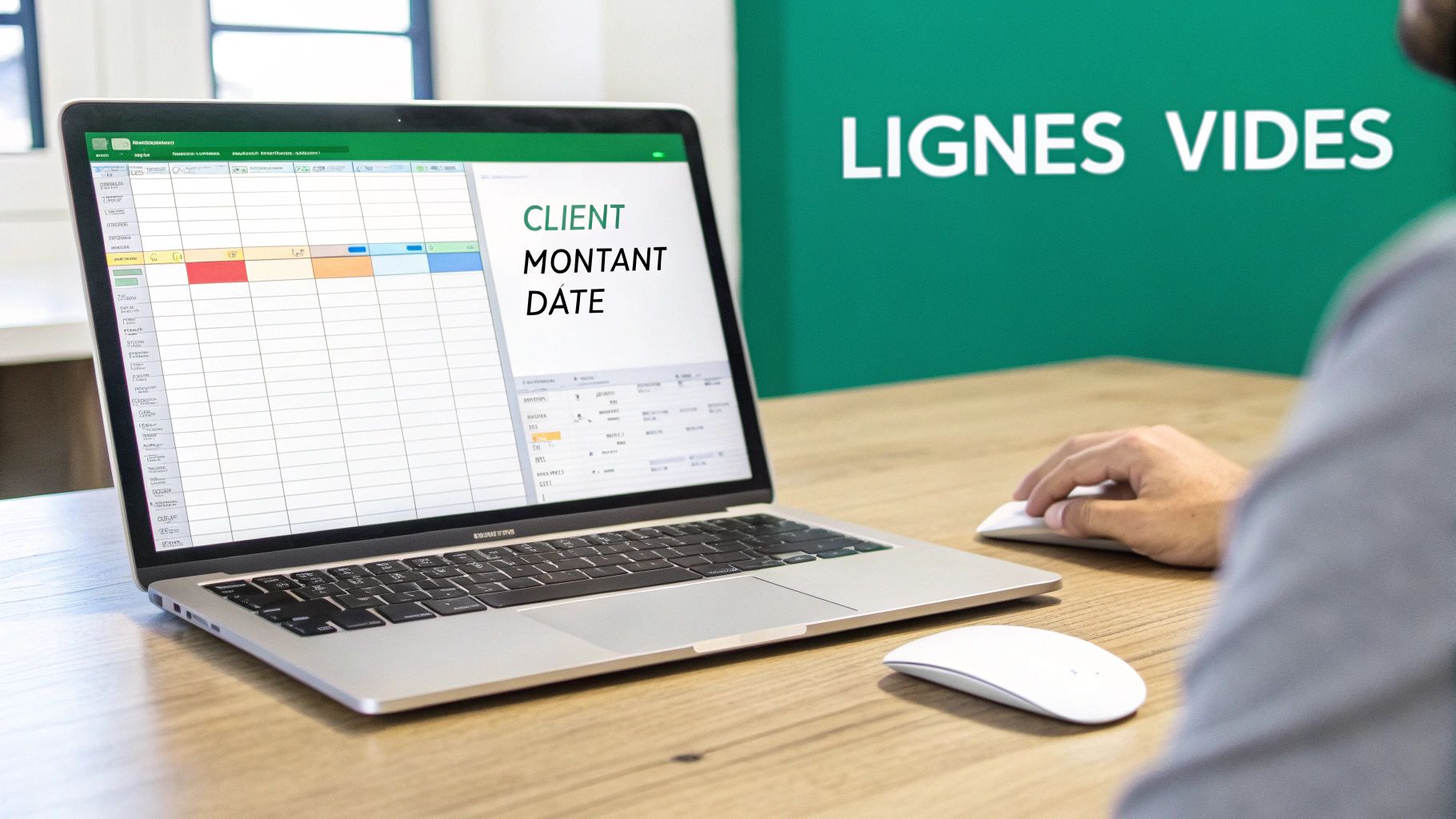 Personne utilisant un ordinateur portable affichant une feuille de calcul Excel, avec les mots "LIGNES VIDES" et "CLIENT MONTANT DATE".