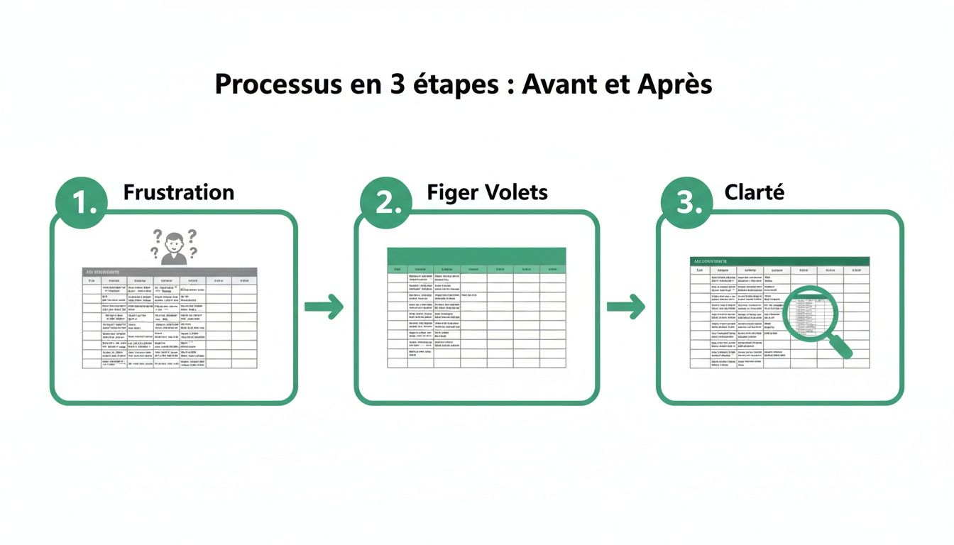 Diagramme illustrant un processus en 3 étapes : de la frustration à la clarté grâce à la fonction Figer Volets d'Excel.