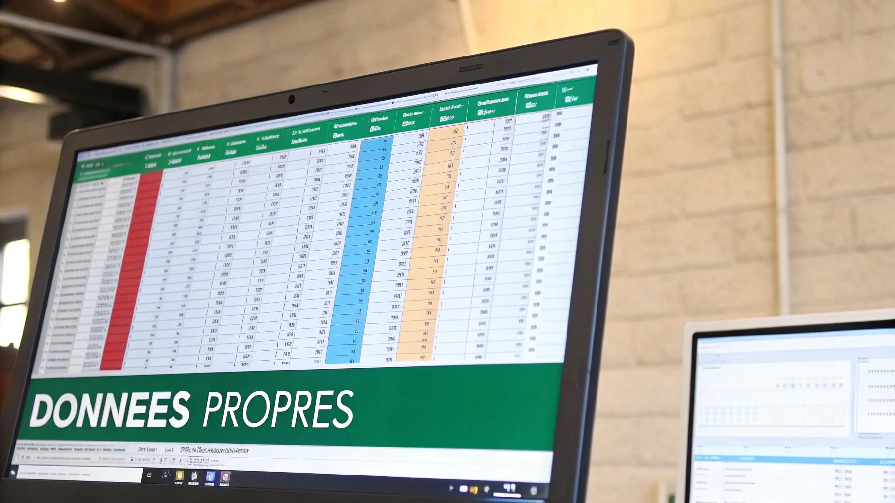 Écran d'ordinateur portable affichant un tableau de données détaillé dans un tableur, avec « DONNÉEES PROPRES » en bas.