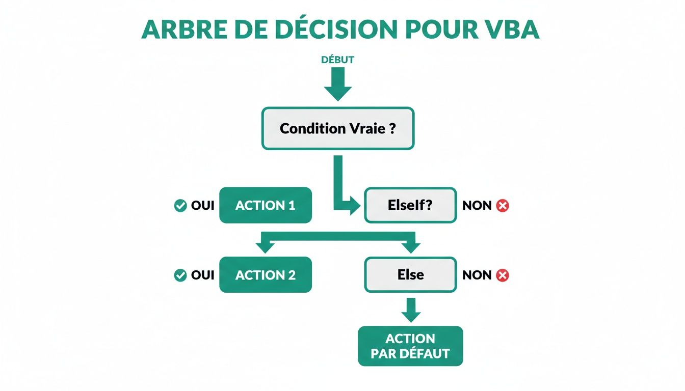 Diagramme d'arbre de décision VBA illustrant les conditions Si, ElseIf et Else pour la programmation.