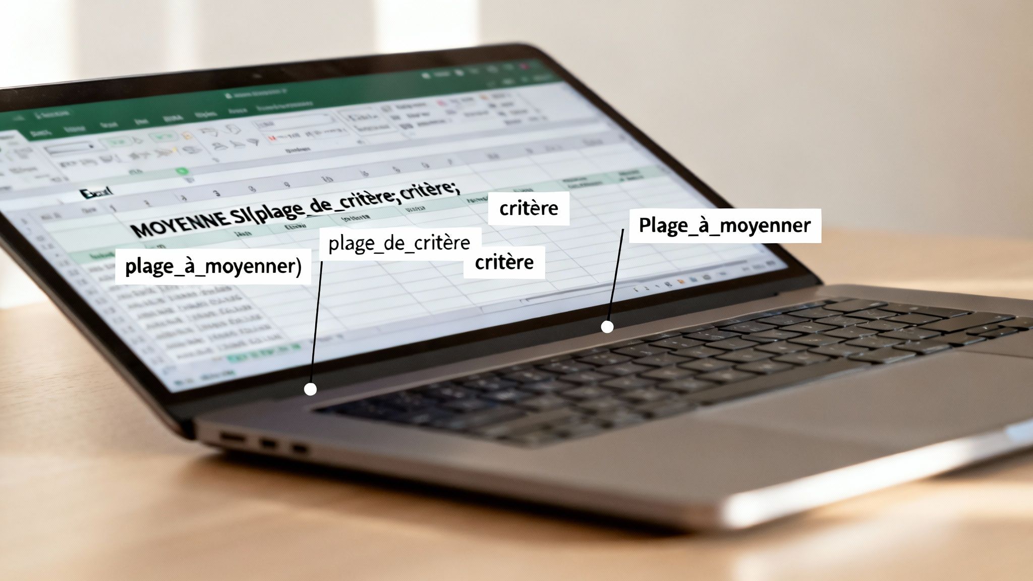 Écran d'ordinateur portable affichant une feuille Excel avec la fonction MOYENNE.SI et ses arguments expliqués.
