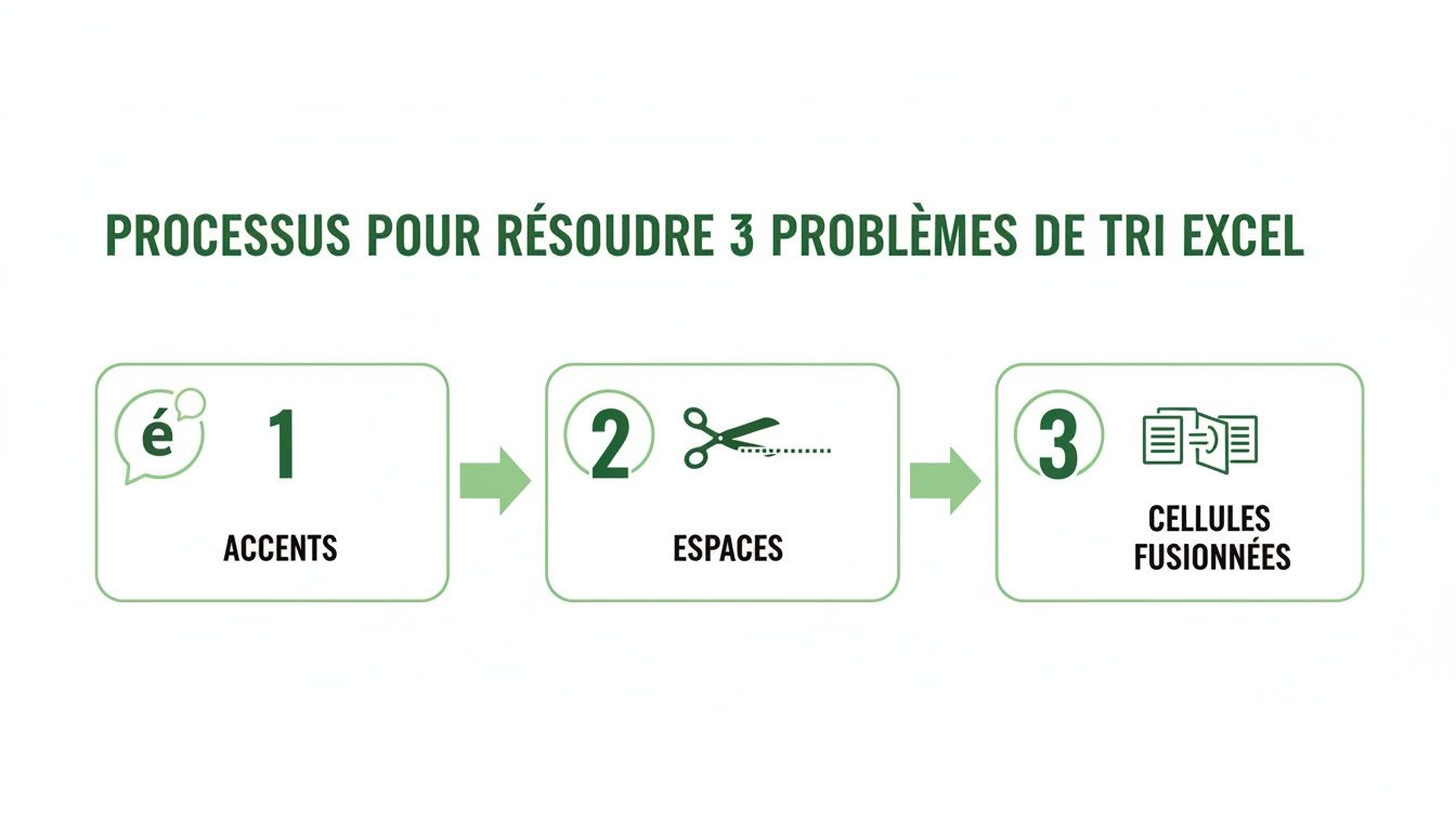 Processus en 3 étapes pour résoudre les problèmes de tri Excel liés aux accents, espaces et cellules fusionnées.