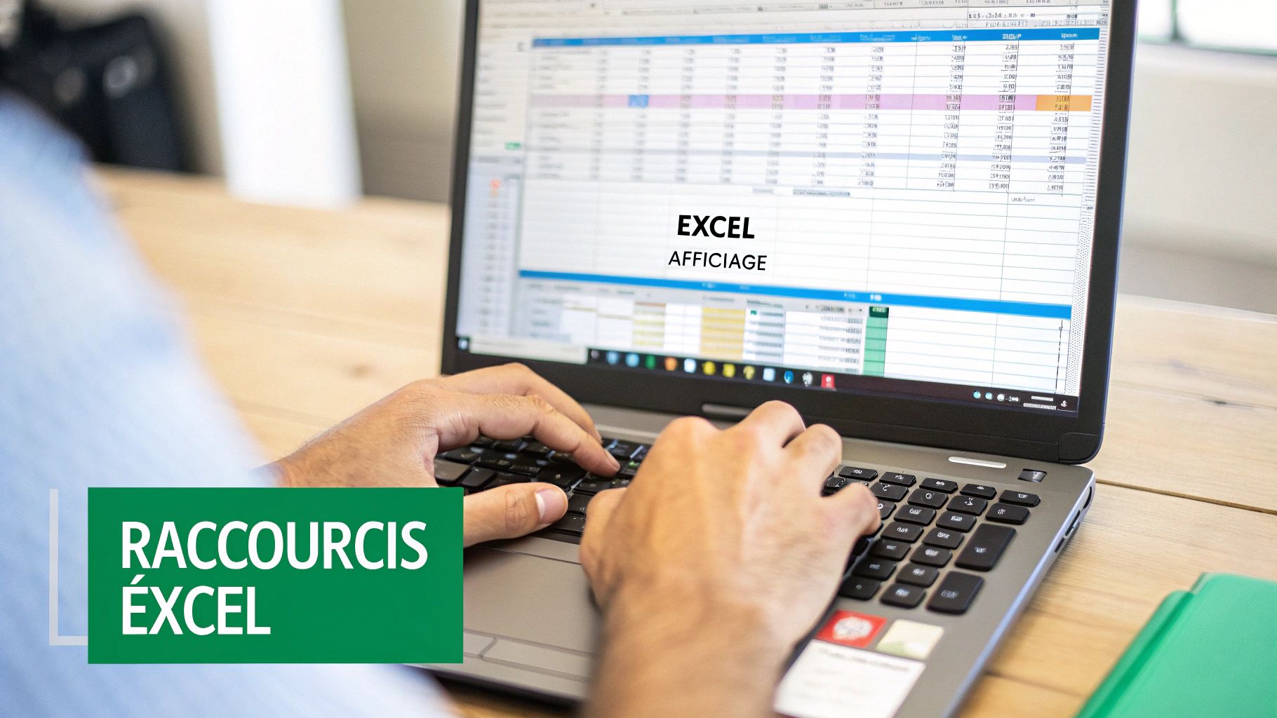 Une personne tape sur un ordinateur portable affichant une feuille de calcul Excel. Le texte 'RACCOURCIS ÉXCEL' est visible sur un bandeau vert.