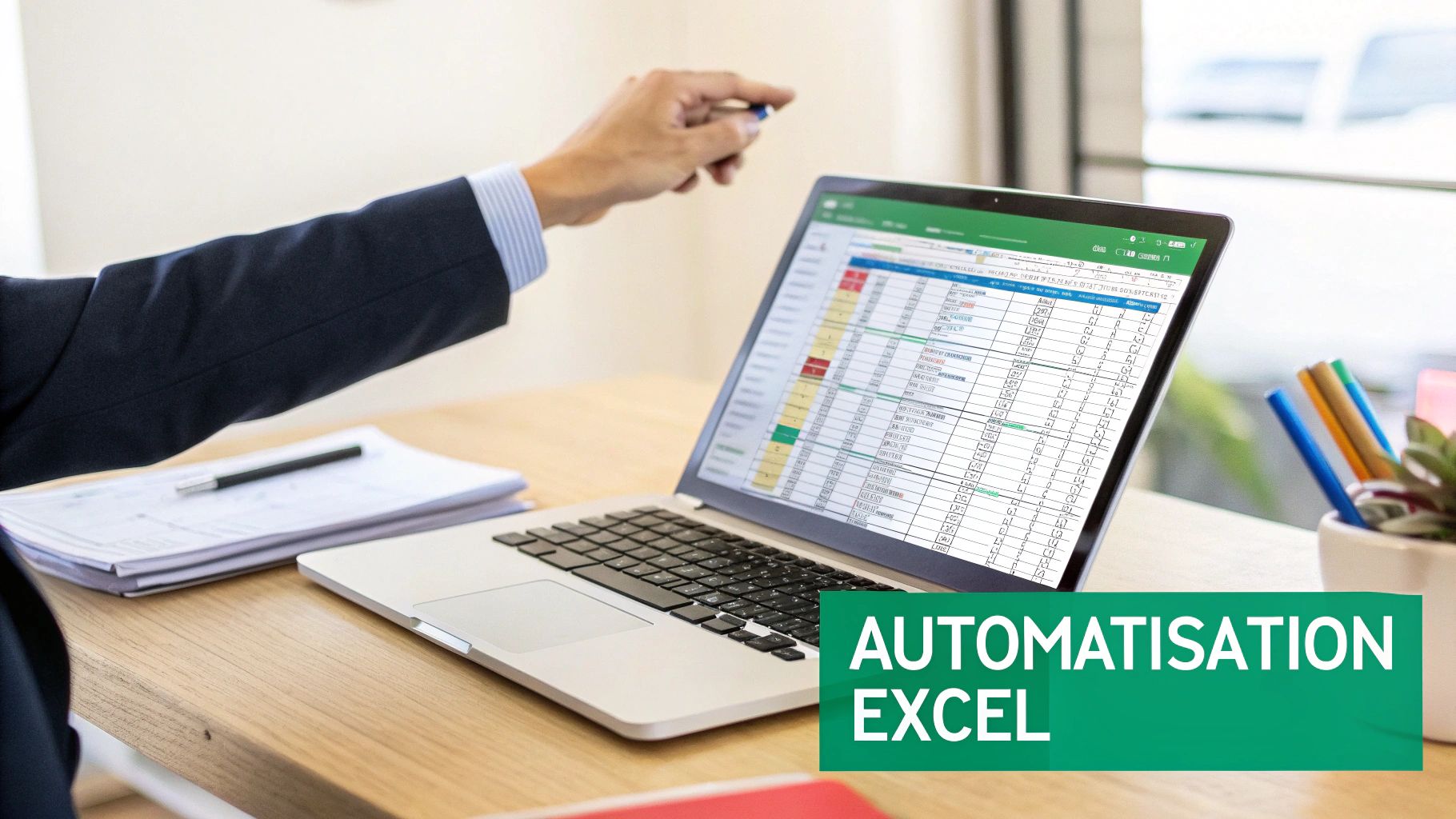 Main d'un professionnel en costume pointant un écran d'ordinateur portable affichant un tableau Excel avec la mention 'AUTOMATISATION EXCEL'.
