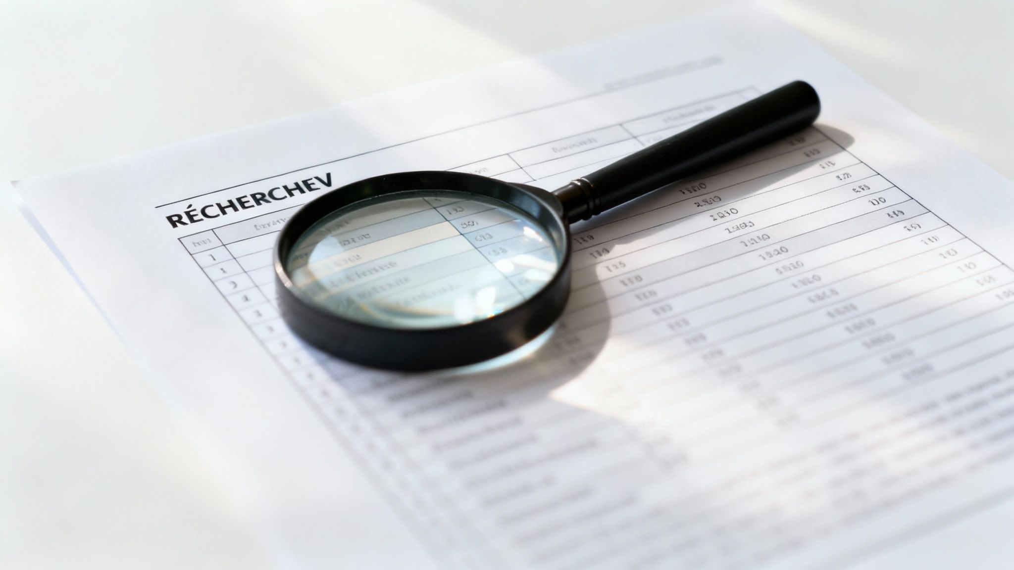 Loupe posée sur un document affichant le titre 'RECHERCHE' et des données tabulaires, symbolisant l'analyse d'informations.