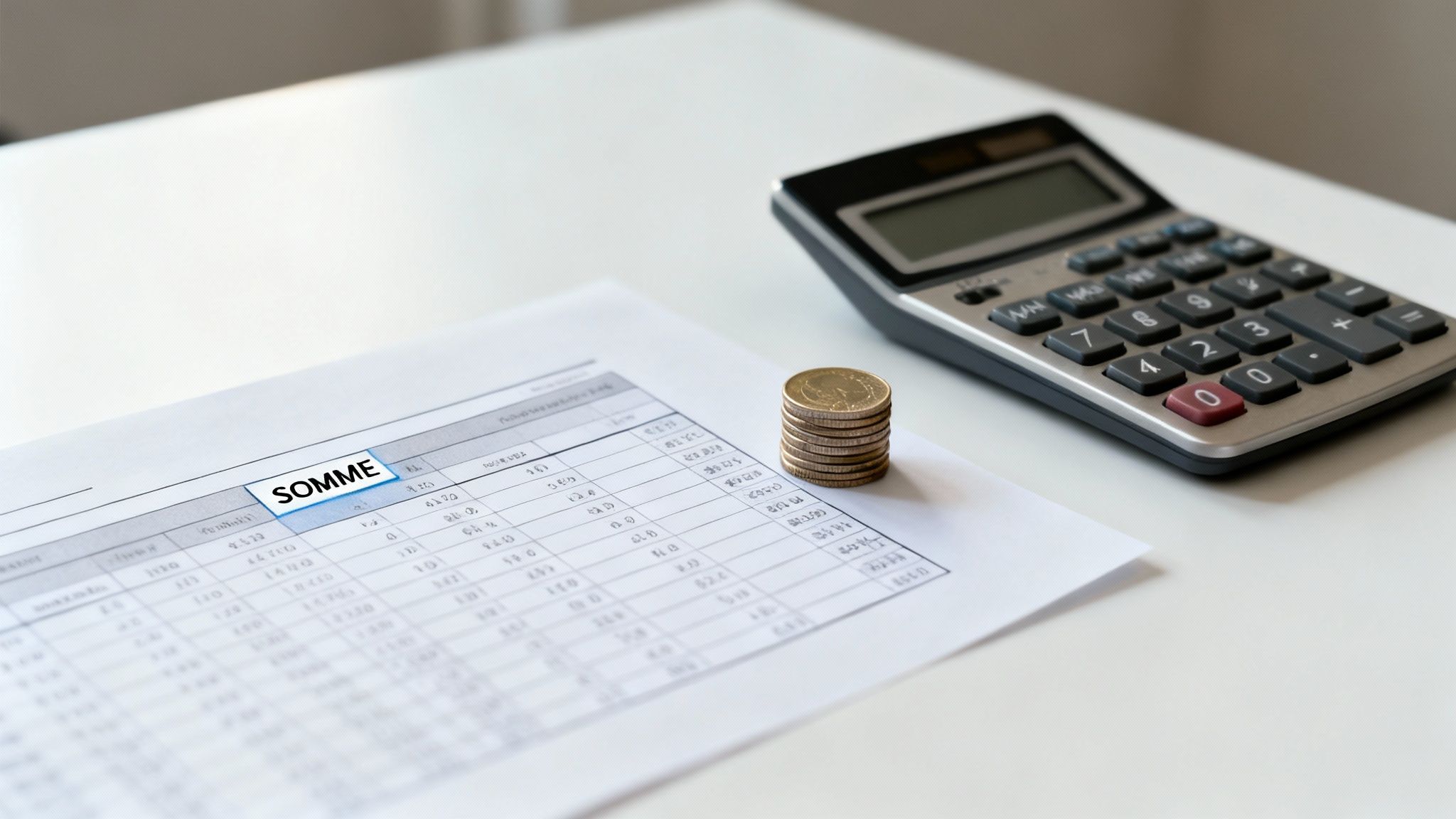 Calculatrice, pièces et document financier avec le mot "SOMME" sur un bureau blanc, symbolisant la gestion.