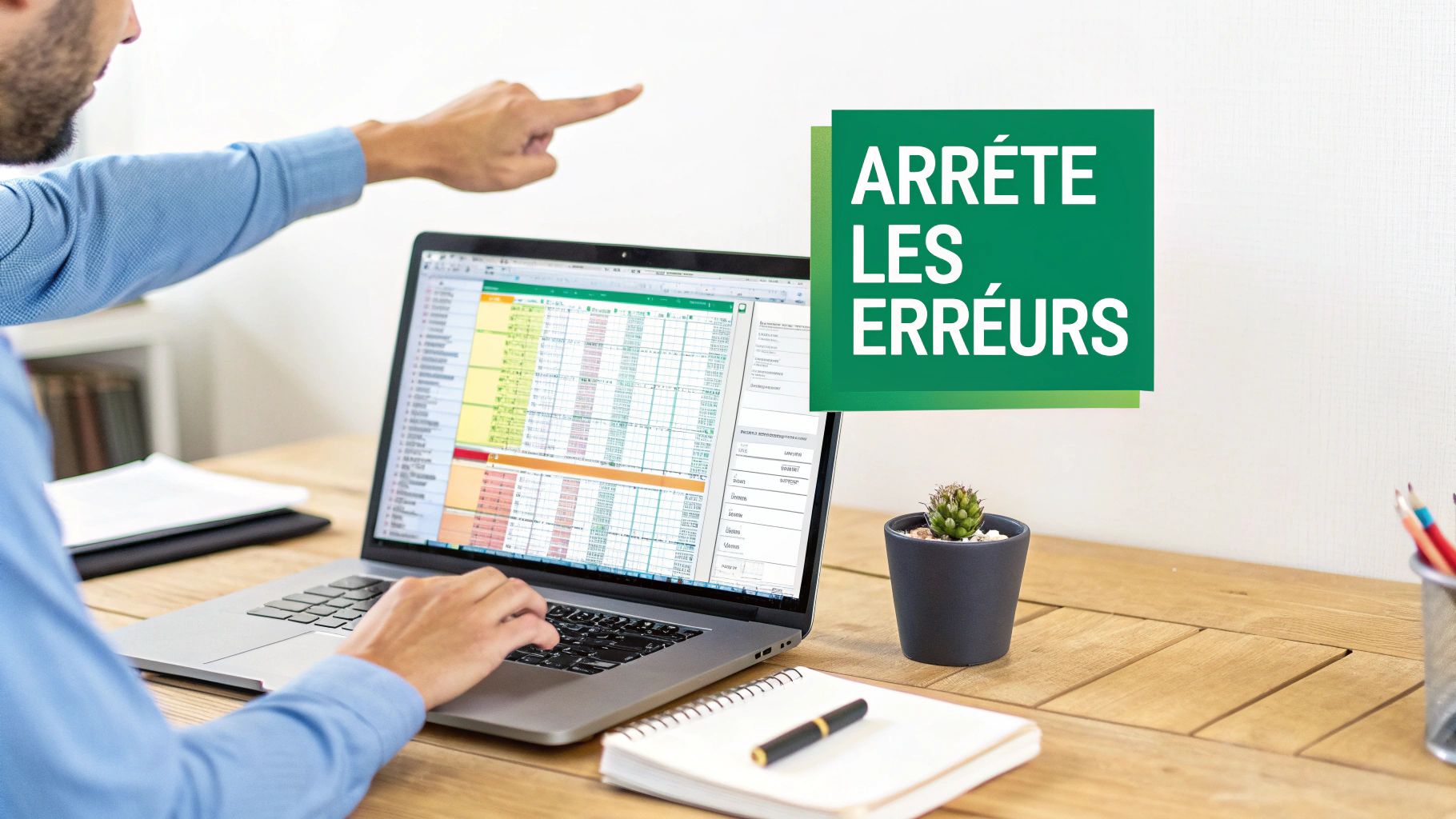 Homme travaillant sur un ordinateur portable affichant un tableur Excel, pointant l'écran avec le texte 'ARRÊTE LES ERREURS'.