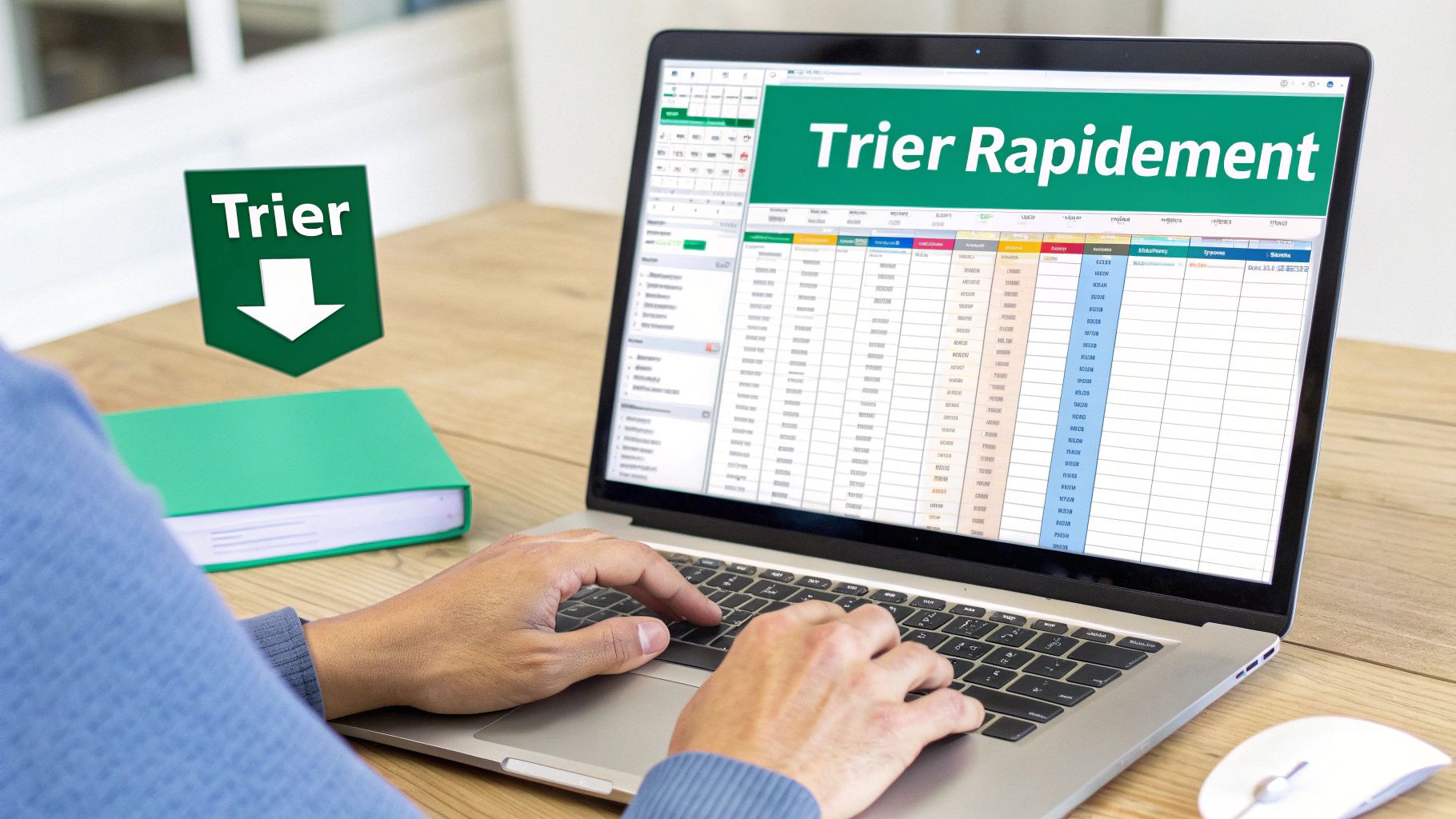 Personne utilisant un ordinateur portable affichant une feuille de calcul avec le texte 'Trier Rapidement' et une icône 'Trier'.