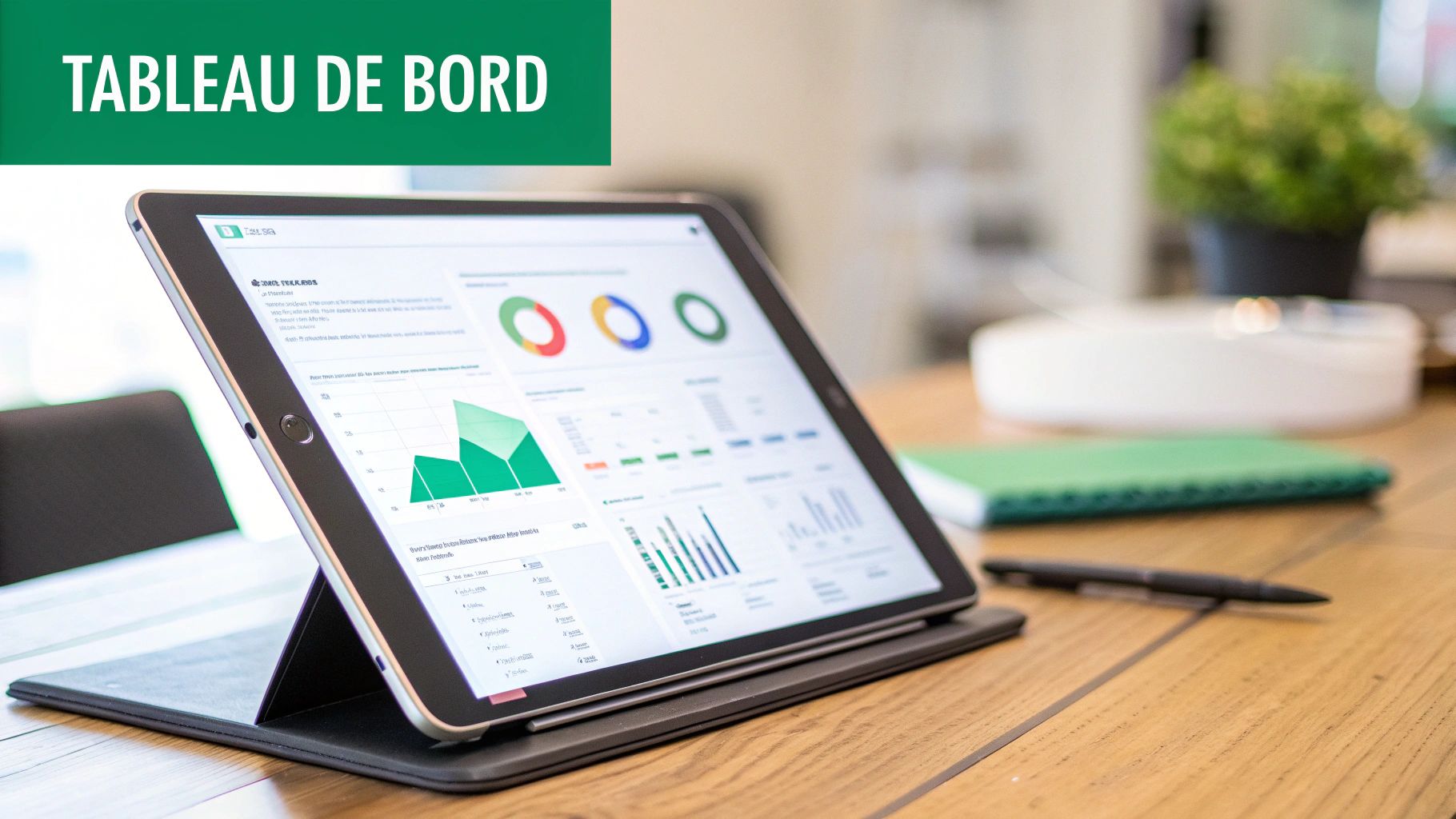 Une tablette affiche un tableau de bord numérique avec des graphiques et des données d'analyse sur un bureau.