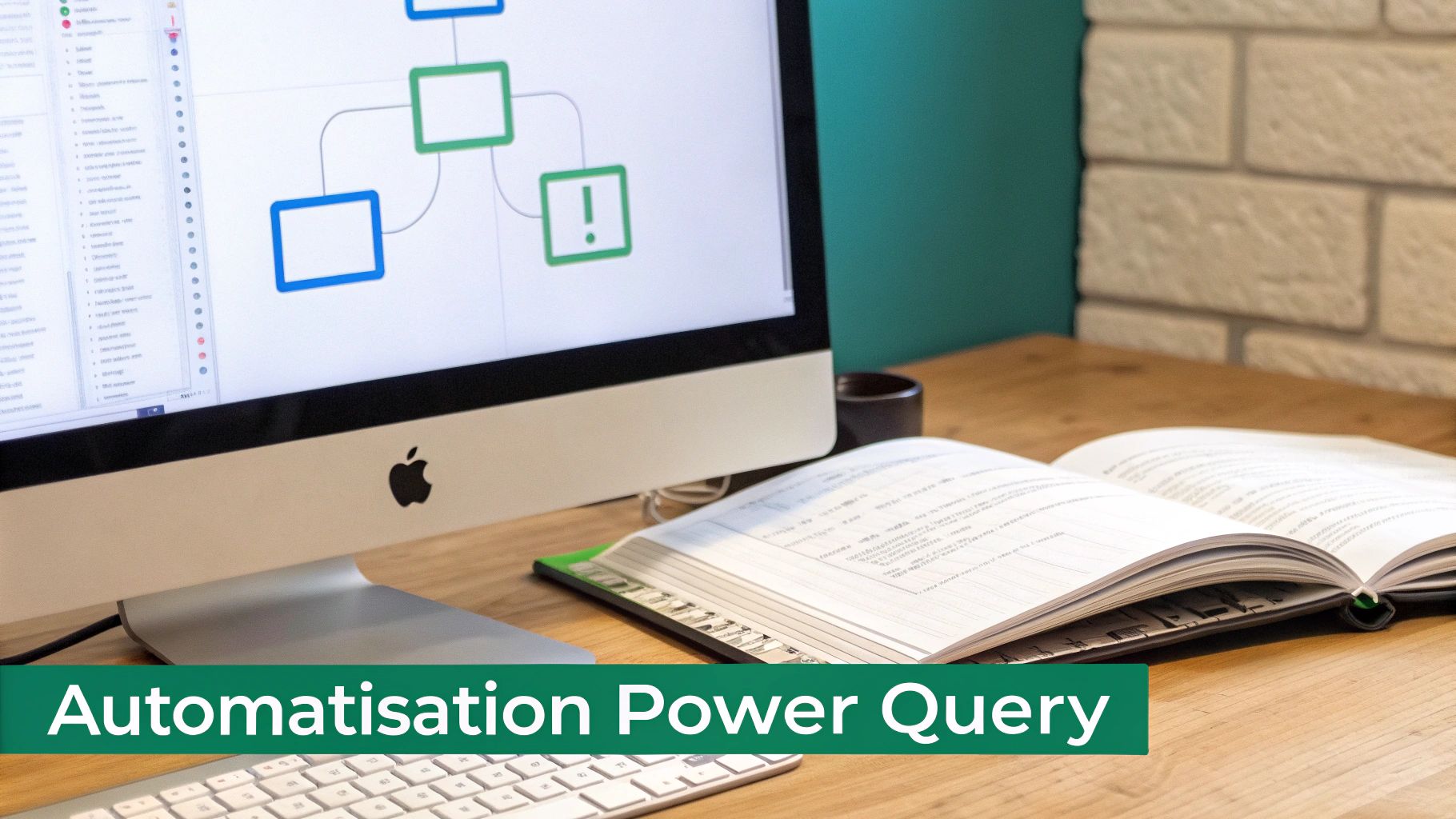 Un ordinateur iMac affichant un diagramme de flux, avec un cahier ouvert et un clavier sur un bureau en bois. La bannière indique 'Automatisation Power Query'.