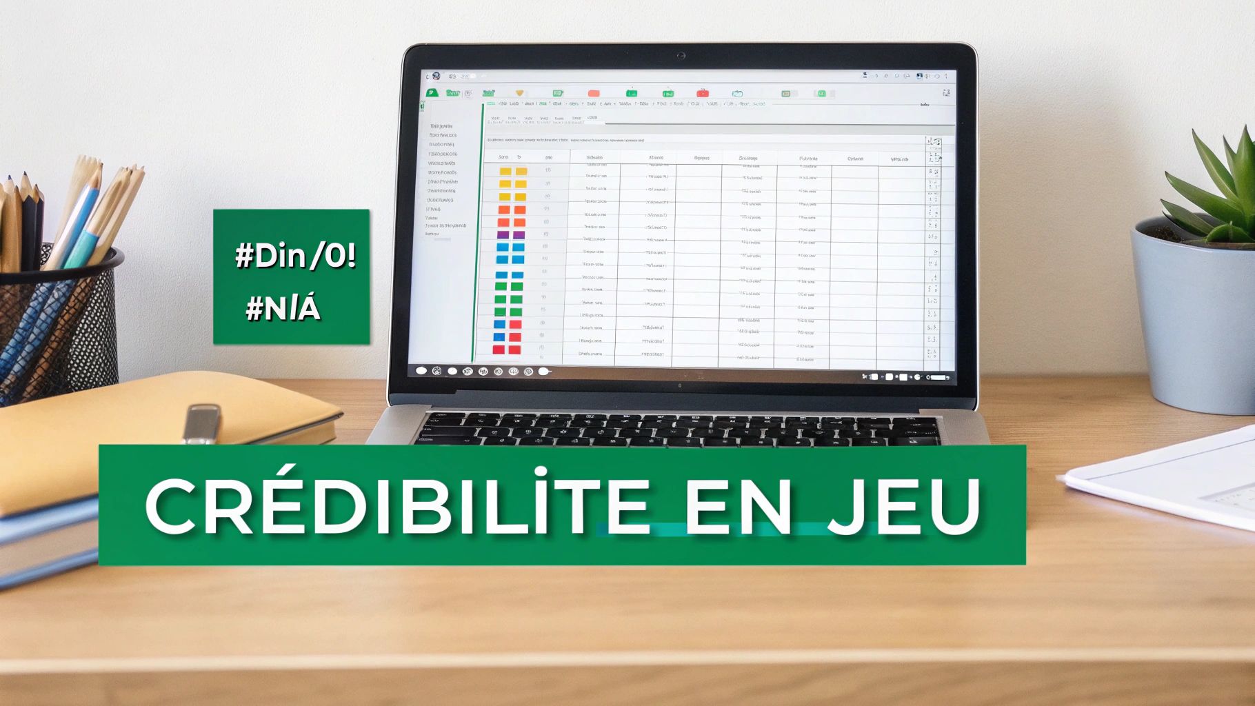 Un ordinateur portable sur un bureau en bois affichant un tableau Excel, avec des hashtags et la phrase 'CRÉDIBILITÉ EN JEU'.
