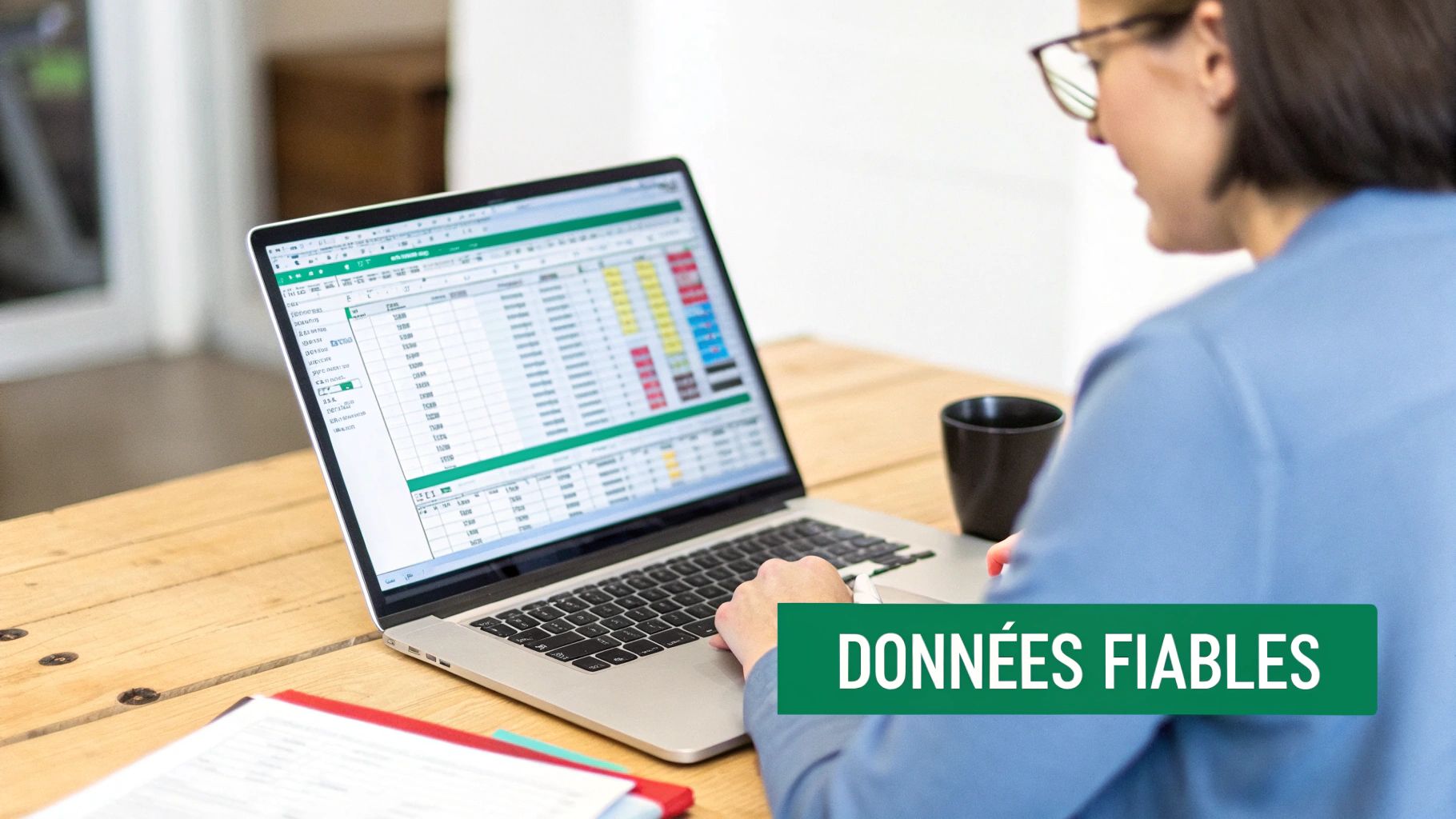 Femme travaillant sur un ordinateur portable affichant une feuille de calcul Excel avec des données, le texte "DONNÉES FIABLES" est superposé.