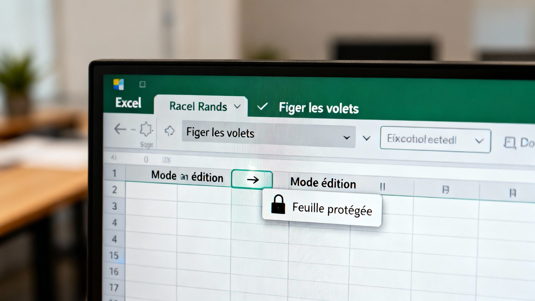 Écran d'ordinateur affichant une feuille de calcul Excel avec l'option « Figer les volets » et une bulle « Feuille protégée ».