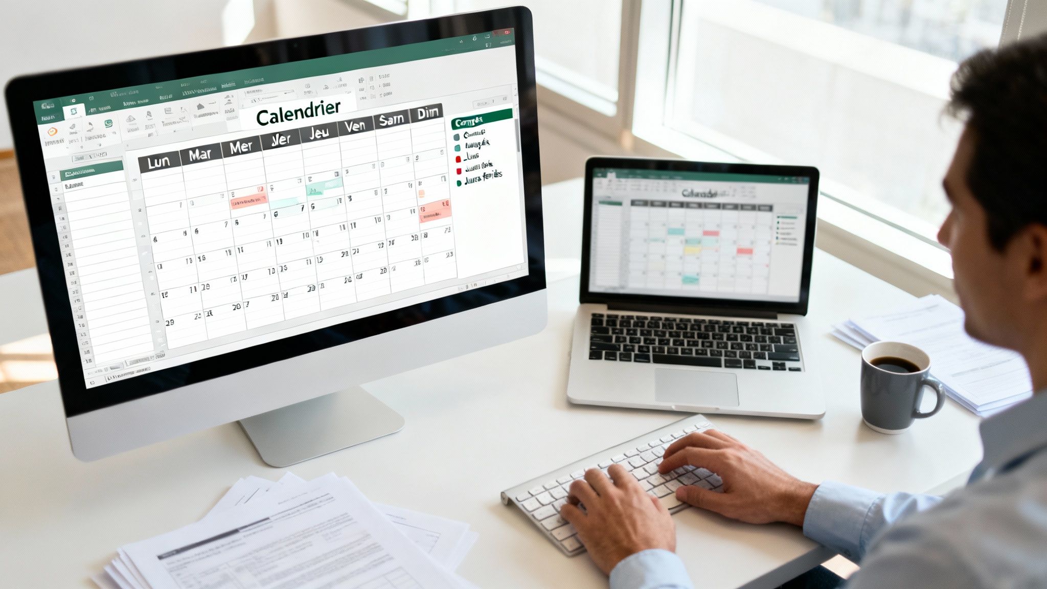 Un homme travaillant devant deux écrans affichant un calendrier Excel, avec café et documents sur le bureau.