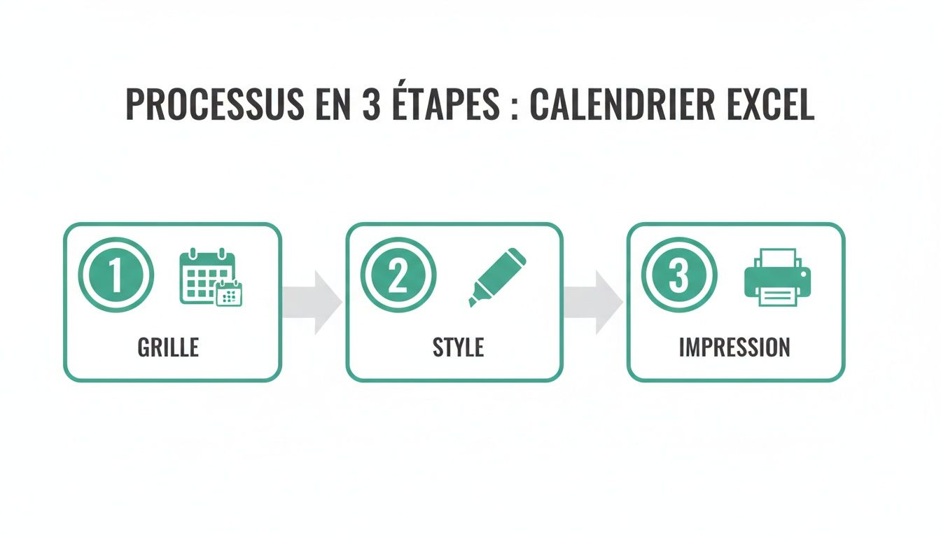 Processus en 3 étapes pour créer un calendrier Excel : grille (données), style (mise en forme) et impression.