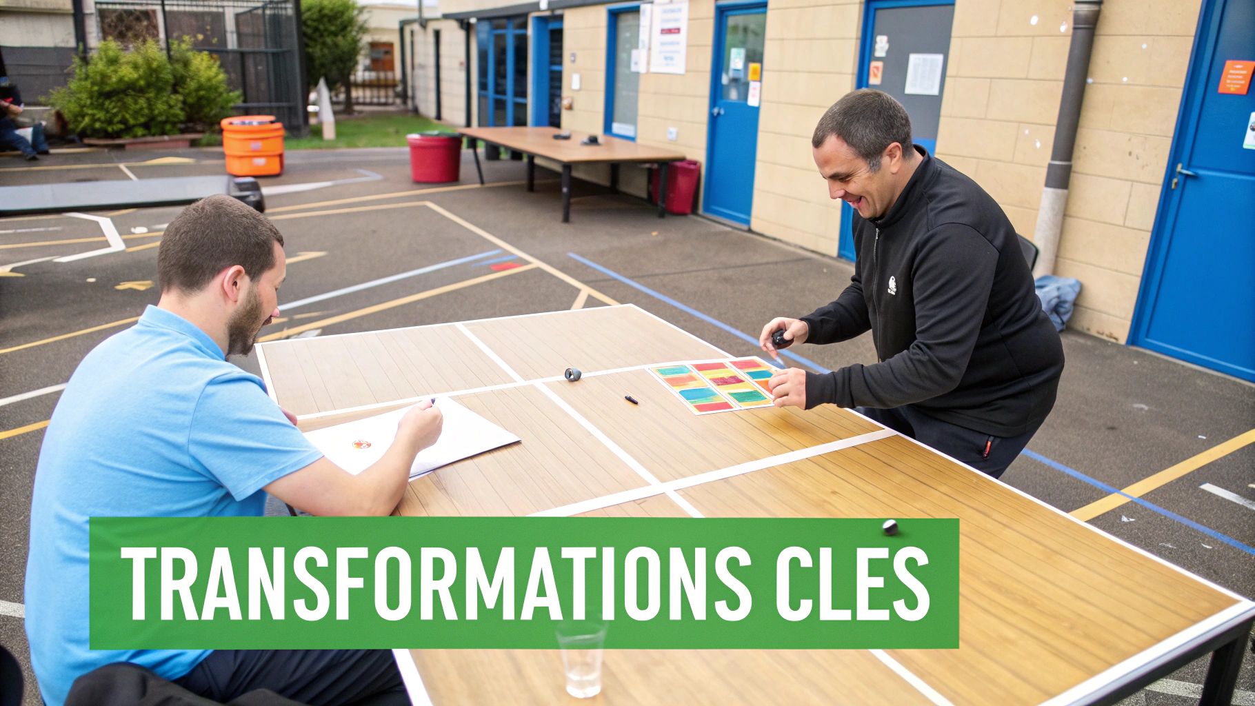 Deux hommes participent à une activité éducative en extérieur, jouant à un jeu de société sur une table, avec le texte "TRANSFORMATIONS CLES".