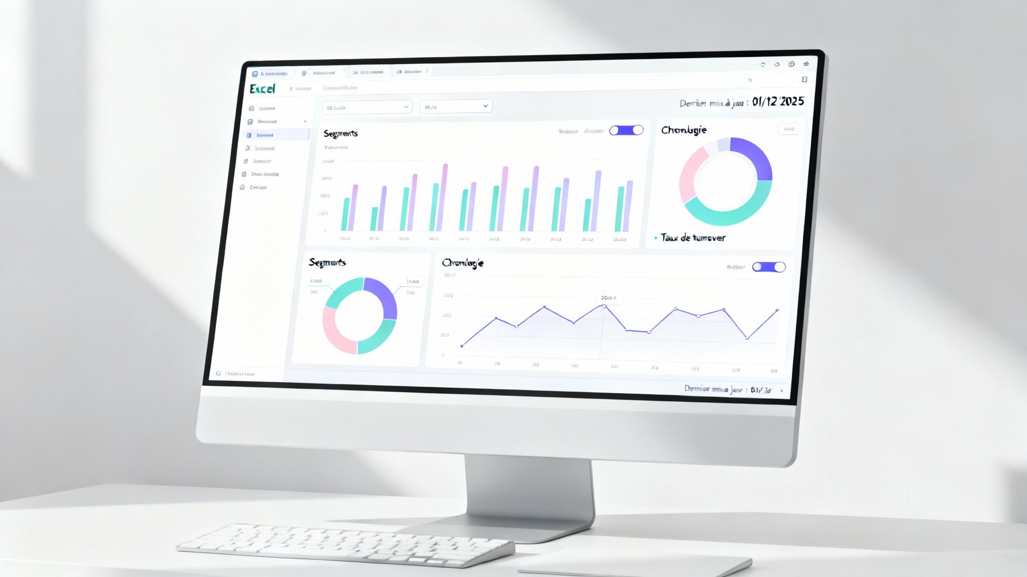 Un moniteur affiche un tableau de bord Excel avec des graphiques colorés pour l'analyse de données financières.