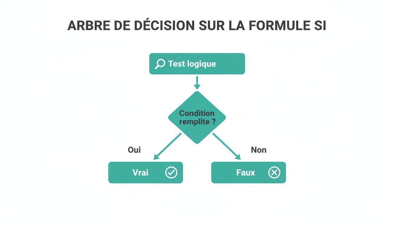 Arbre de décision expliquant la formule SI d'Excel, avec un test logique, une condition et des résultats Vrai ou Faux.