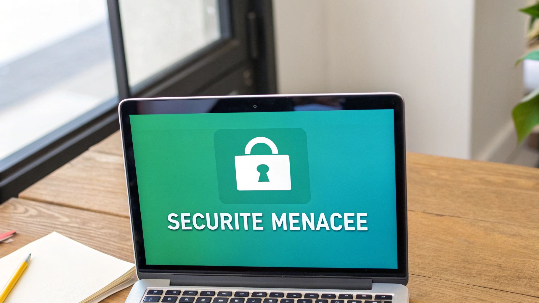 Un ordinateur portable affiche un avertissement de sécurité avec une icône de cadenas et le texte «SECURITE MENACEE».
