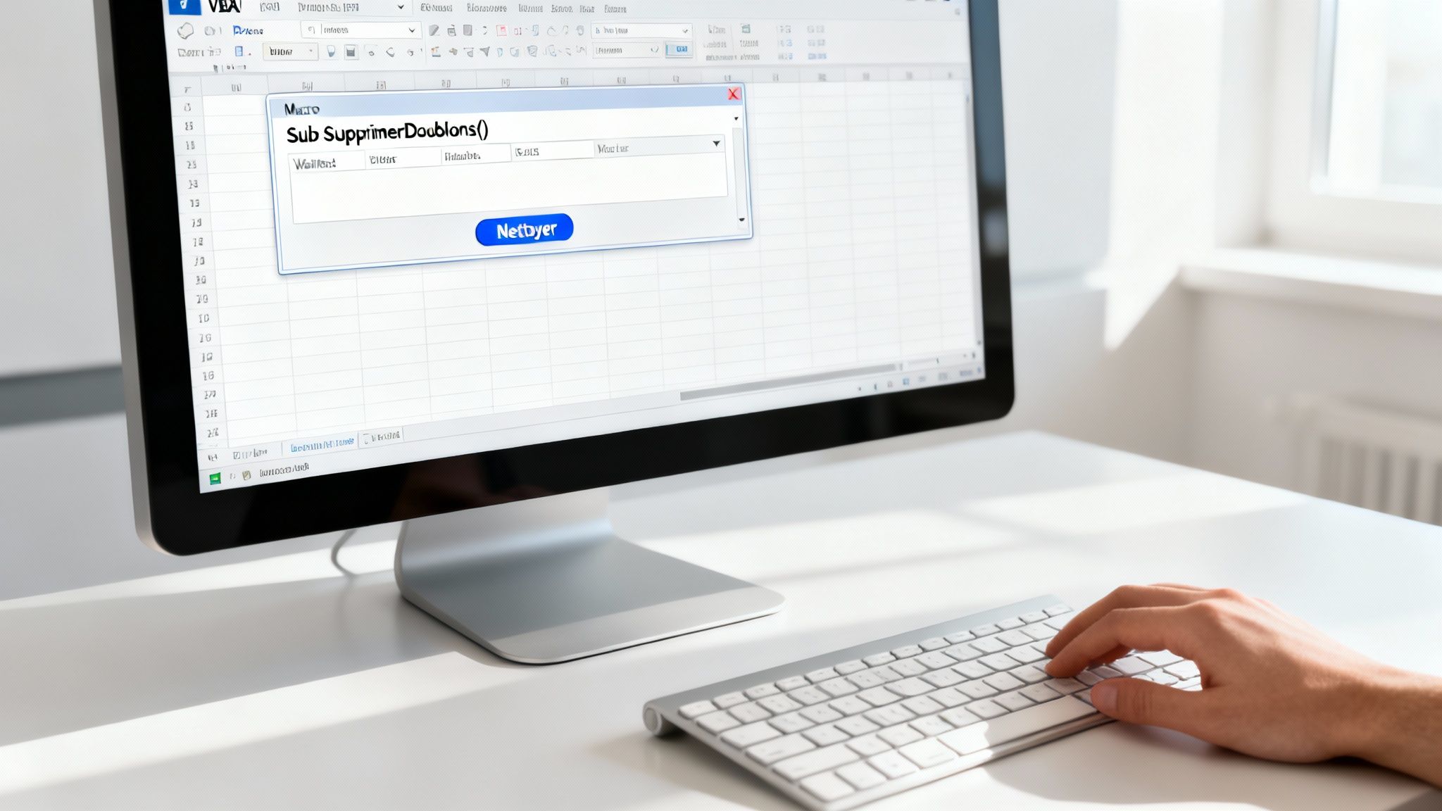 Main tapant sur un clavier devant un écran affichant Excel et une macro VBA pour supprimer les doublons.
