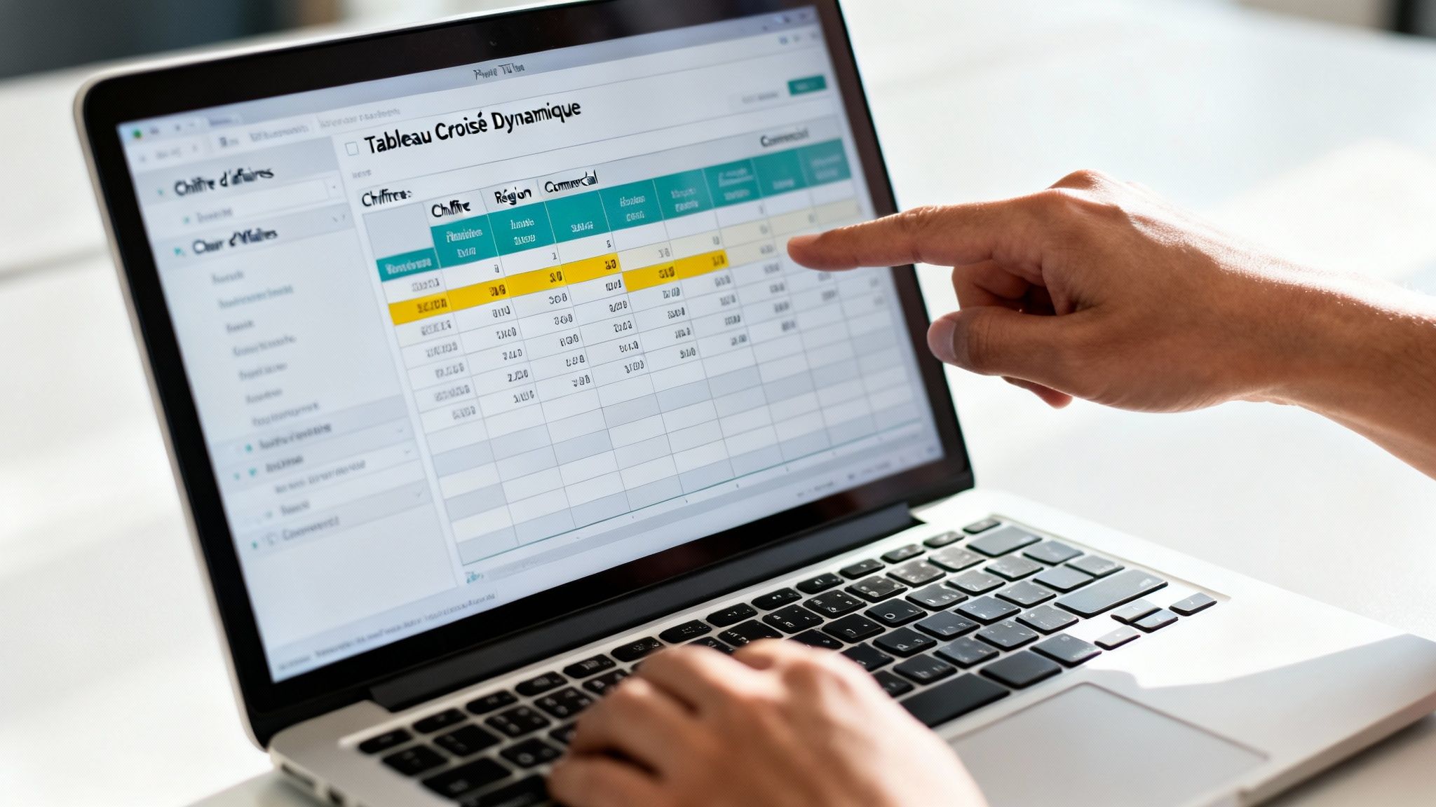 Une personne utilise un ordinateur portable, interagissant avec un tableau croisé dynamique affichant des données financières.