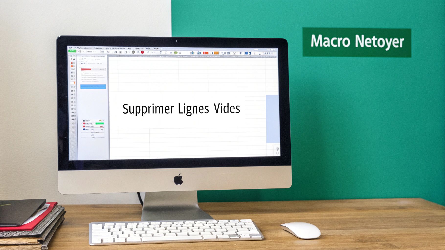 Un iMac sur un bureau en bois affichant un tableur Excel avec "Supprimer Lignes Vides" et "Macro Nettoyer".