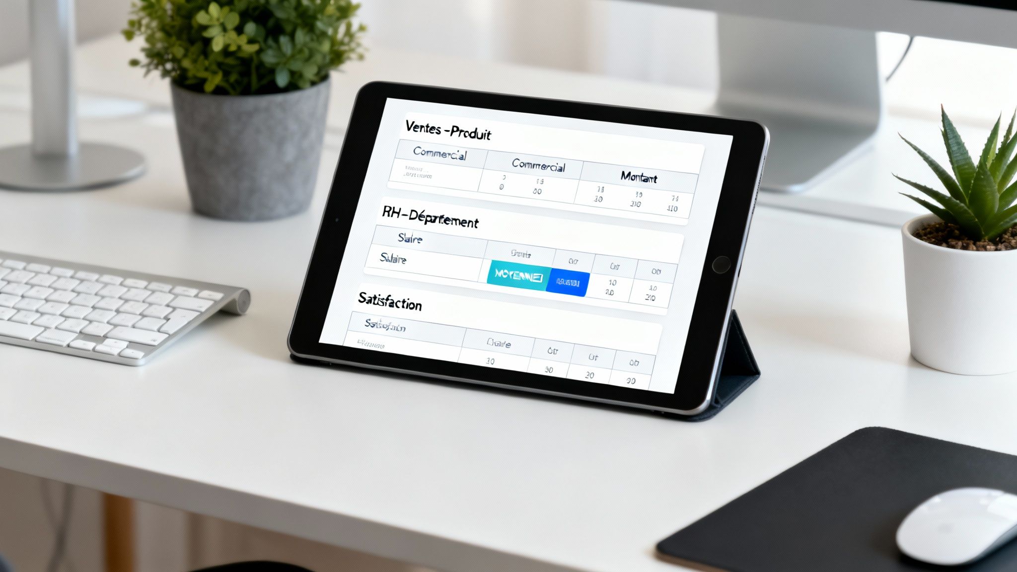 Une tablette sur un bureau affichant un tableau de bord avec des données de ventes, RH et de satisfaction client, incluant une section 'MOYENNE'.