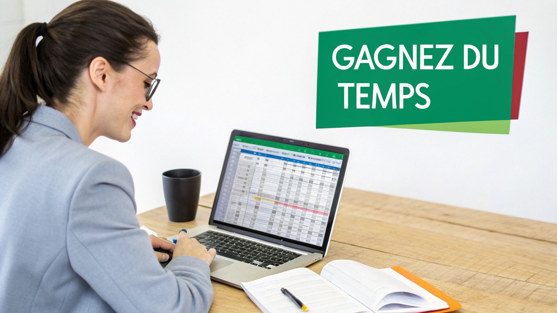 Une femme souriante travaille sur un ordinateur portable affichant une feuille de calcul, avec le message 'GAGNEZ DU TEMPS'.