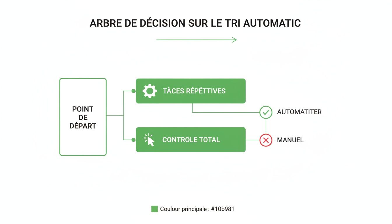 Arbre de décision illustrant le processus de tri automatique, distinguant les tâches répétitives à automatiser et le contrôle total manuel.