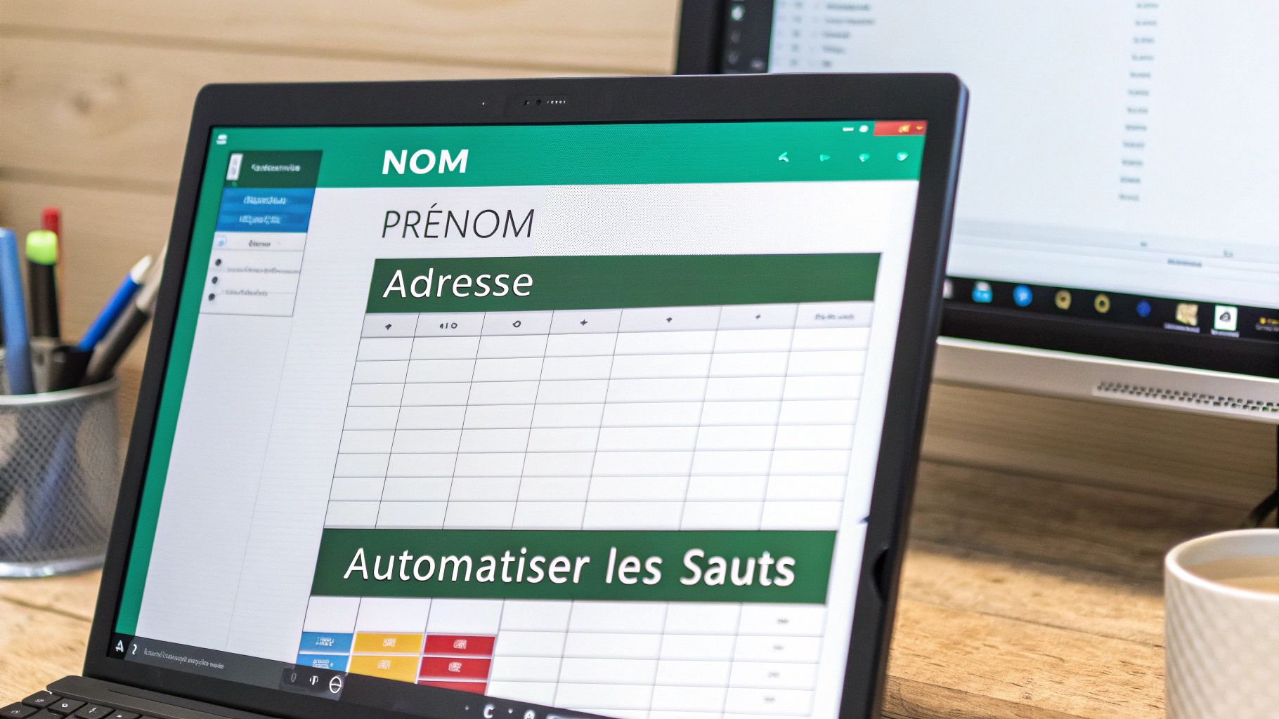 Un ordinateur portable affiche un tableur Excel avec les titres "NOM", "PRÉNOM", "Adresse" et une section "Automatiser les Sauts".