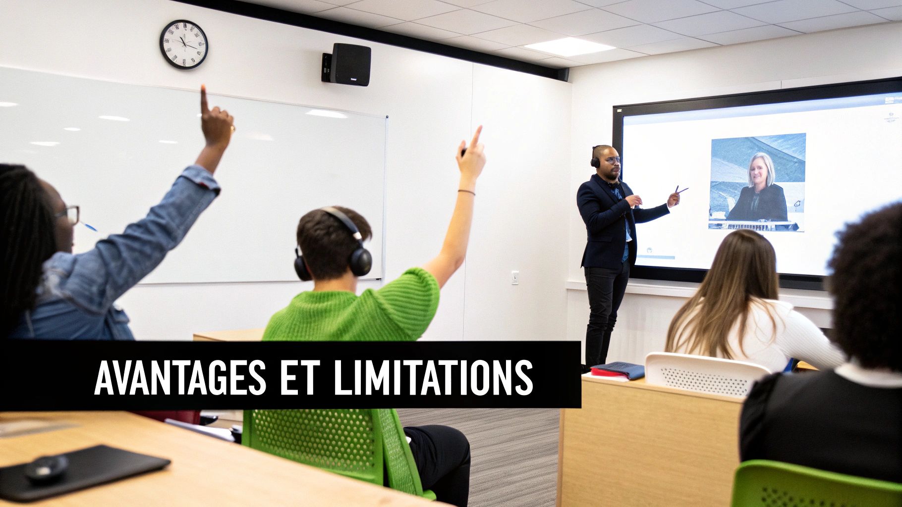 Une personne participant à une visioconférence, illustrant la nature interactive de la formation synchrone.