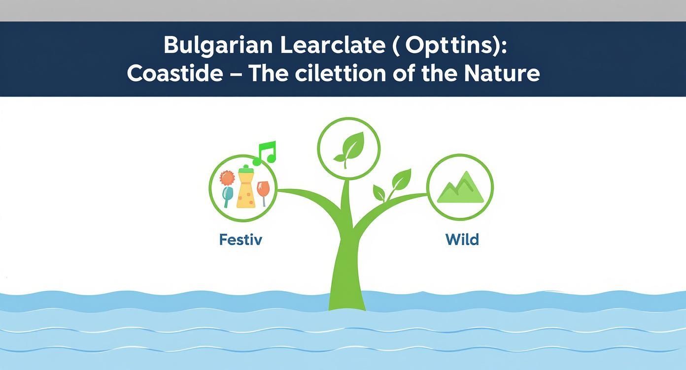 Illustration d'un arbre représentant les aspects festifs et sauvages de la côte bulgare avec la mer