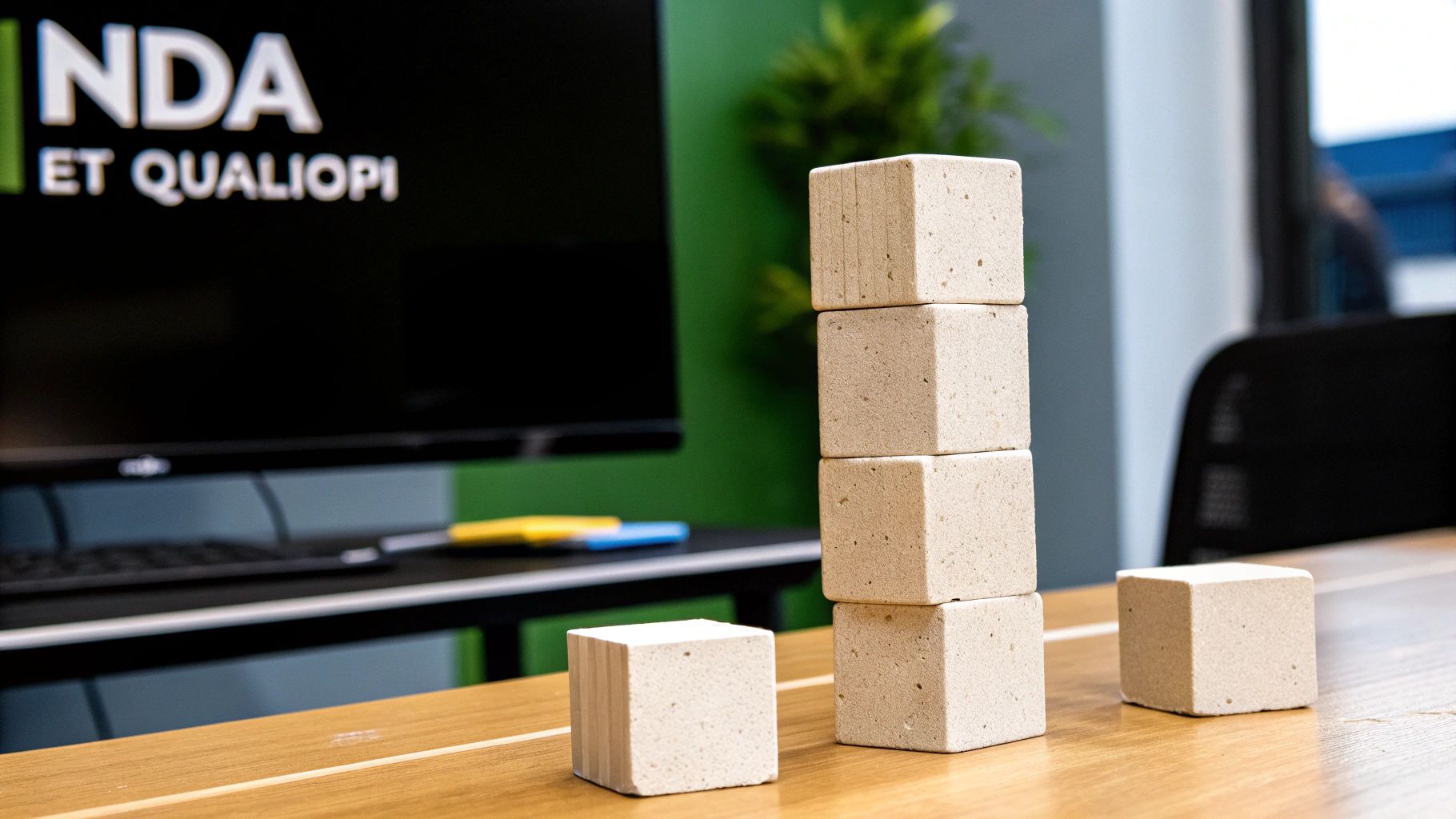 Une pile de cinq cubes beiges et deux cubes séparés sur une table en bois, devant un écran d'ordinateur affichant du texte.