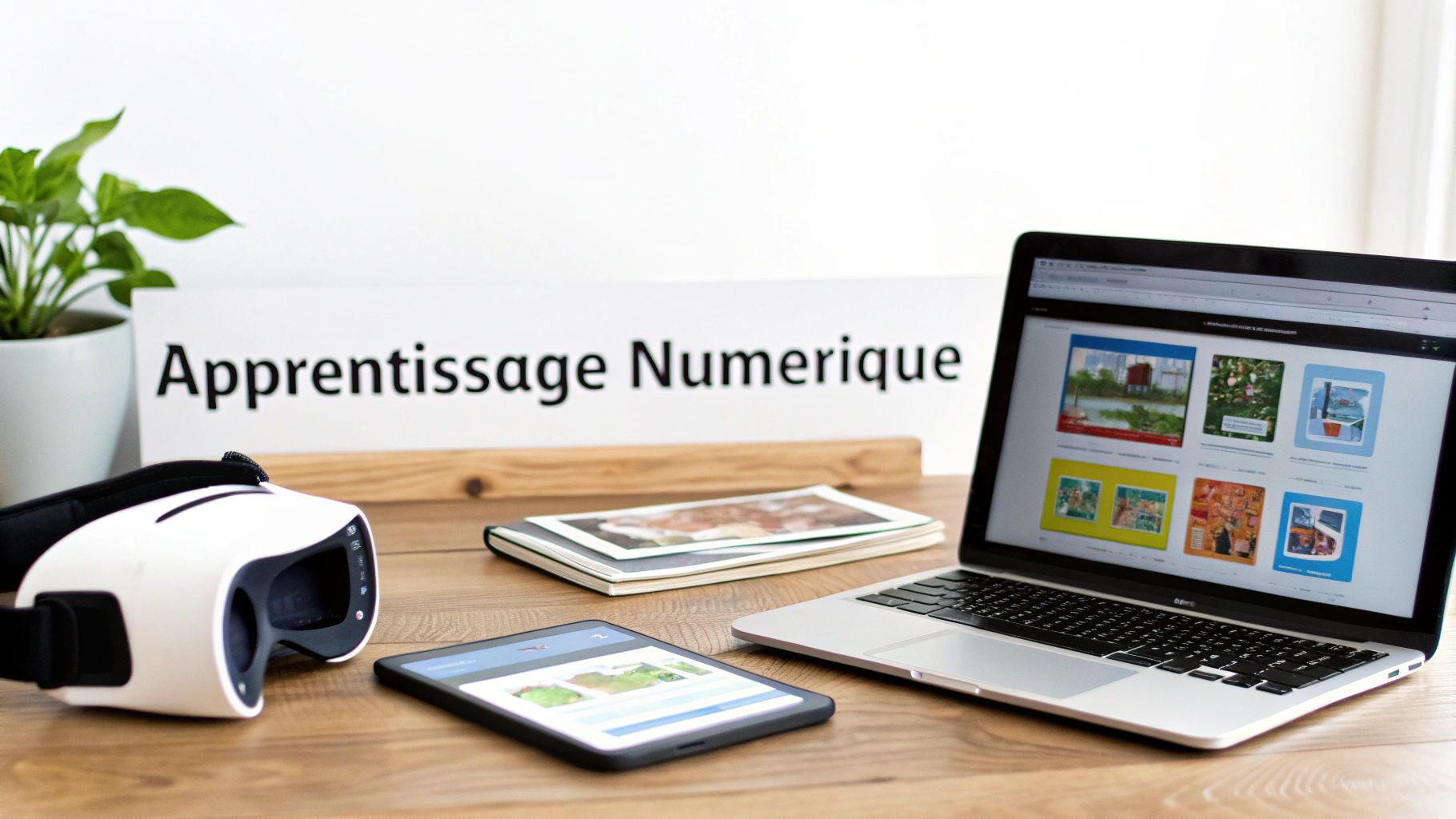 Bureau avec ordinateur portable, tablette, smartphone et casque de réalité virtuelle pour l'apprentissage numérique