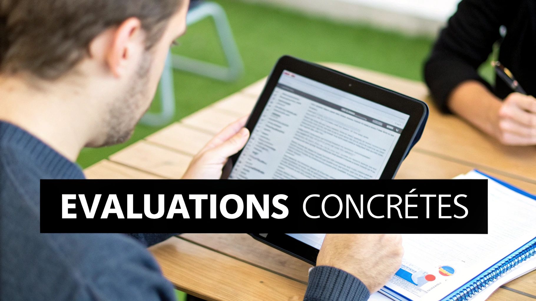 Un homme examine une tablette numérique, avec le texte blanc "ÉVALUATIONS CONCRÈTES" en surimpression.