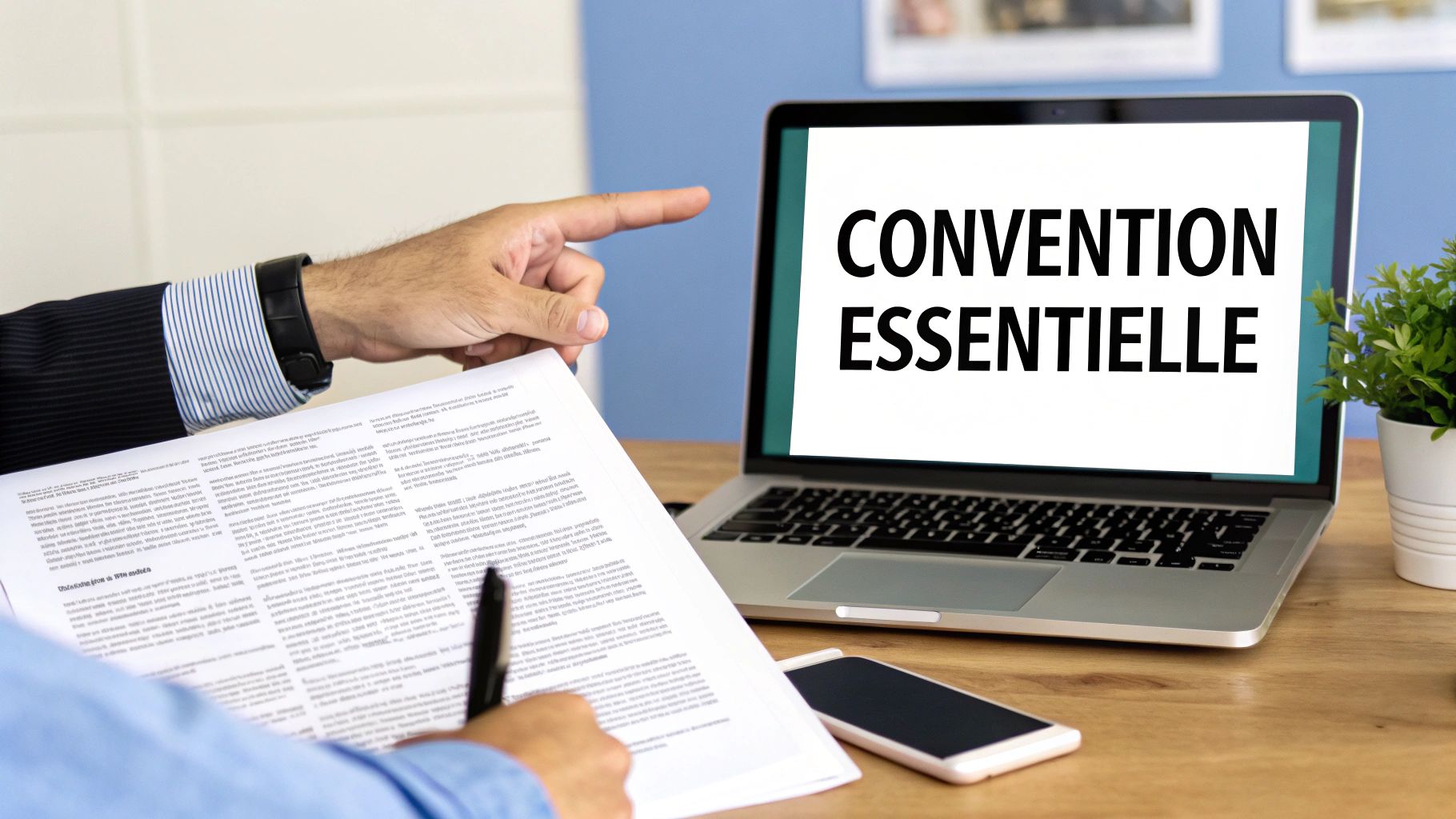Deux personnes sur un bureau, l'une pointant un ordinateur portable affichant 'CONVENTION ESSENTIELLE' et l'autre lisant des documents.