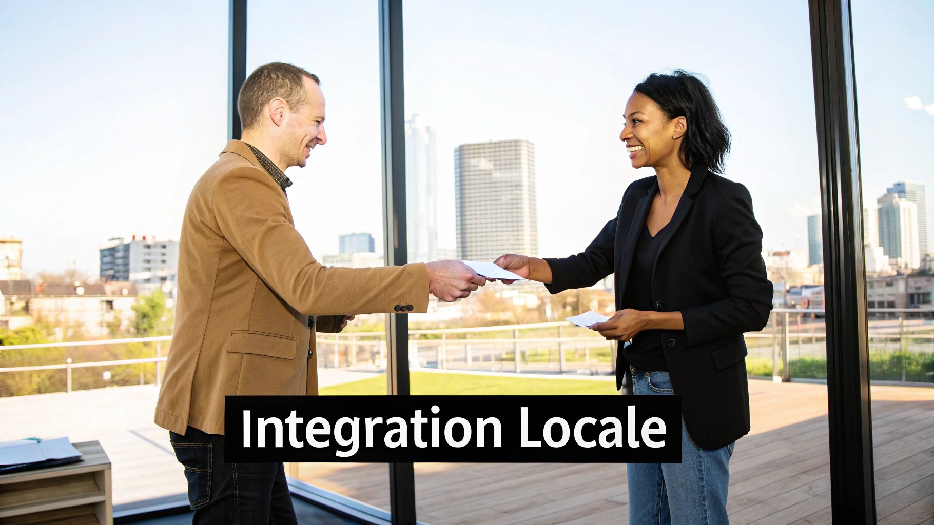 Une réunion d'affaires dans un bureau moderne, symbolisant l'intégration dans l'écosystème économique bulgare.