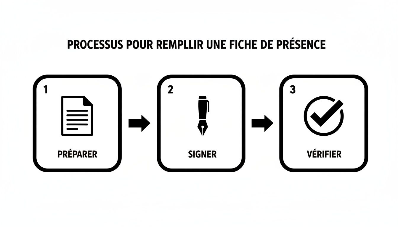 Diagramme des trois étapes pour remplir une fiche de présence : préparer, signer et vérifier.