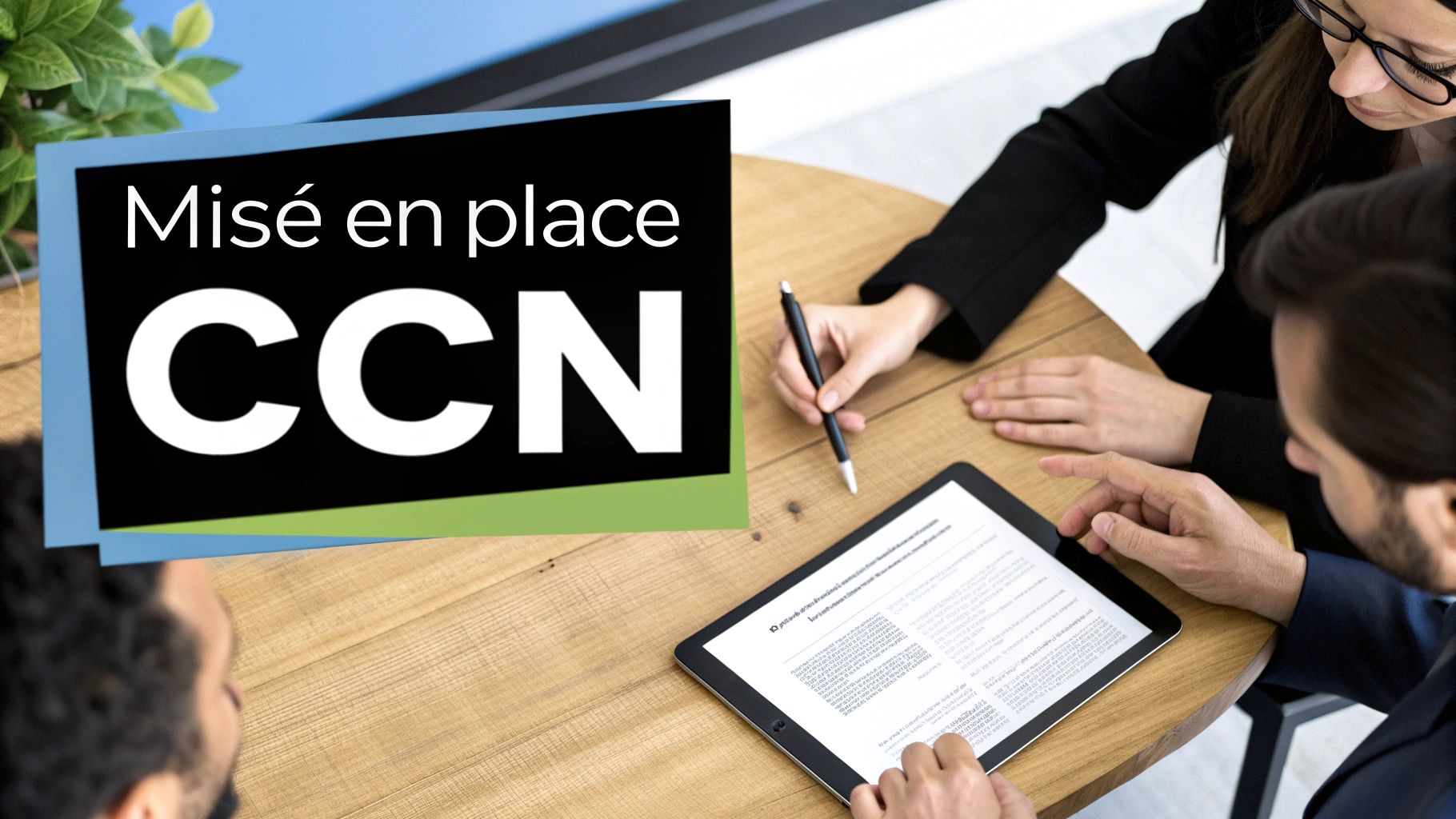 Trois personnes collaborant autour d'une table avec une tablette, illustrant la "Mise en place CCN".