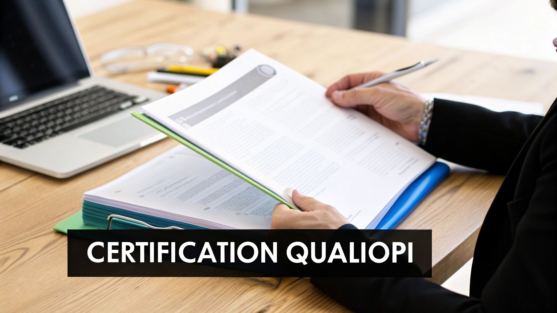 Personne révisant des documents de certification Qualiopi sur un bureau avec un ordinateur portable.