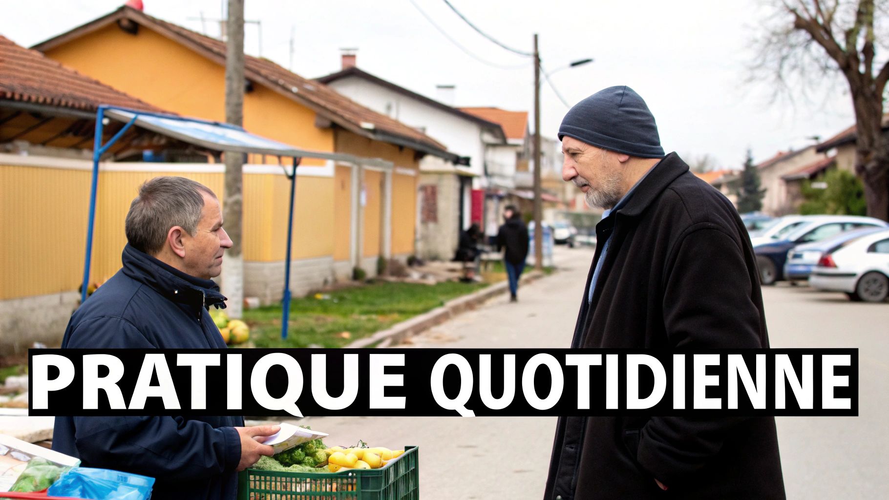 Une conversation amicale entre deux personnes sur un marché en Bulgarie.