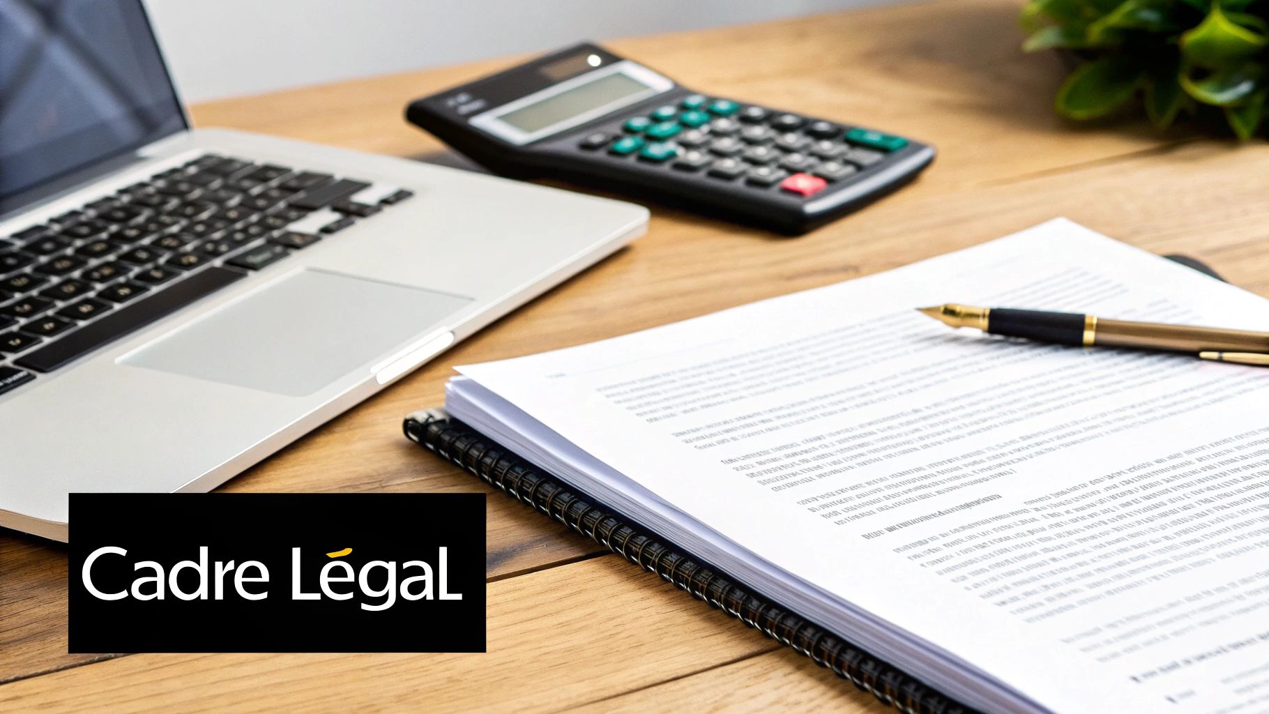 Bureau avec ordinateur portable, calculatrice, documents et stylo sur une table en bois, illustrant un cadre légal.