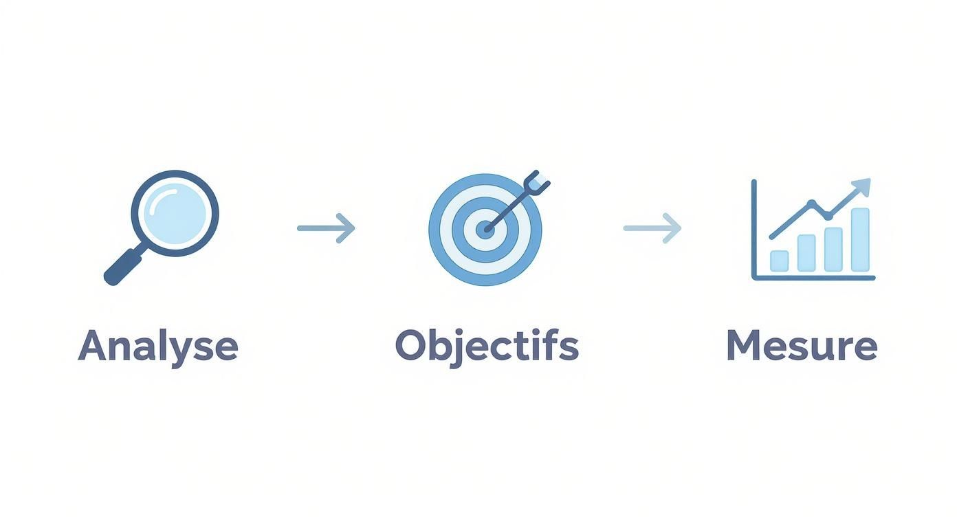 Infographie montrant le processus en 3 étapes : Analyse, Objectifs, et Mesure, symbolisés par une loupe, une cible et un graphique.