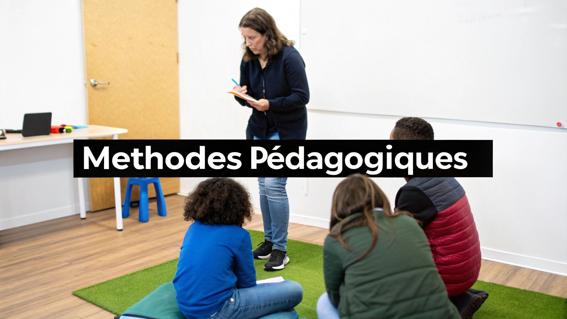 Une enseignante debout écrit tandis que trois élèves sont assis sur un tapis vert en classe.