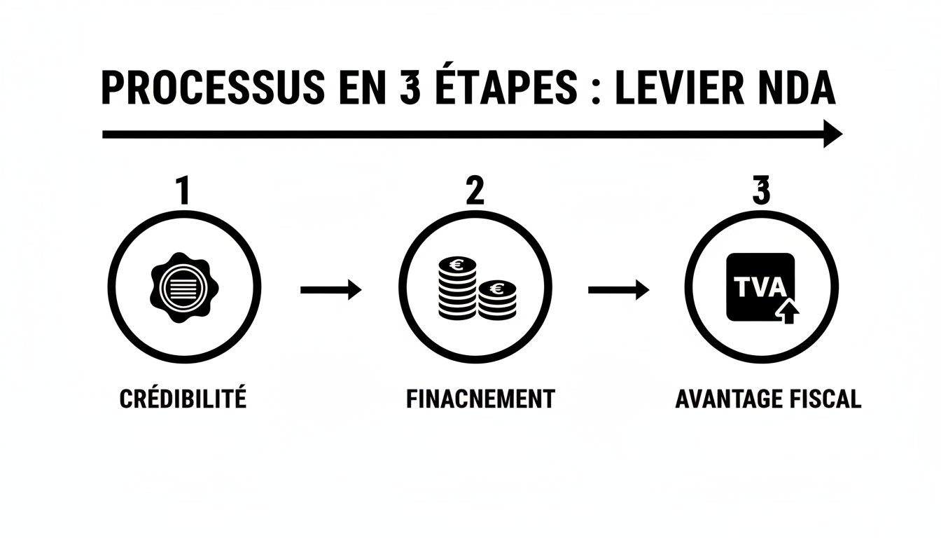 Schéma explicatif du processus en trois étapes pour le levier NDA : Crédibilité, Financement, Avantage Fiscal.