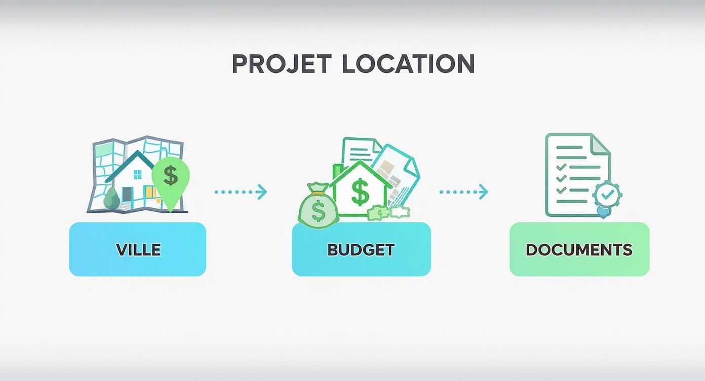Infographie représentant les étapes de localisation d'un projet : ville, budget et documents requis