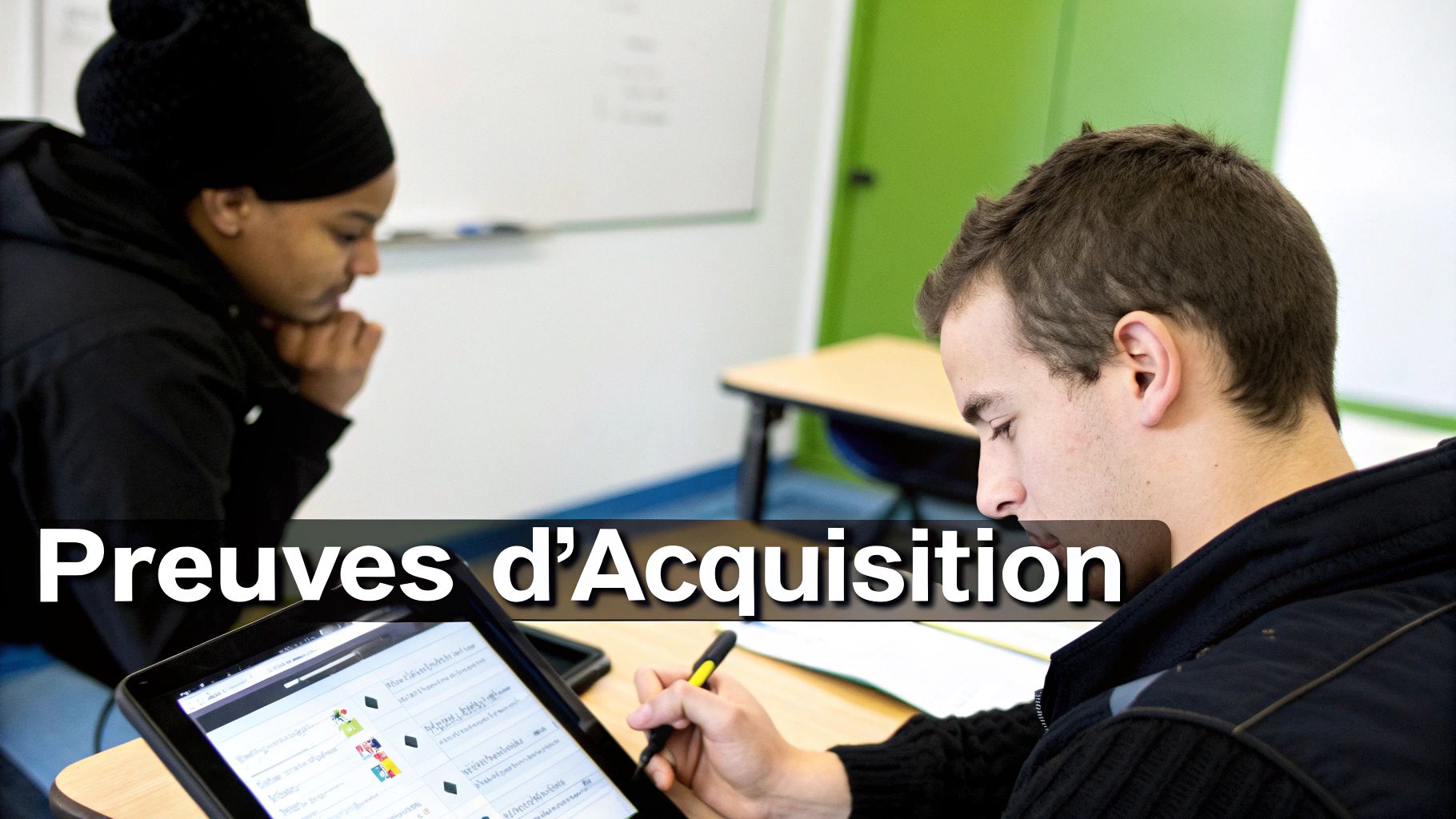 Deux étudiants en classe, l'un utilisant une tablette avec un stylo, l'autre observant, preuves d'acquisition.