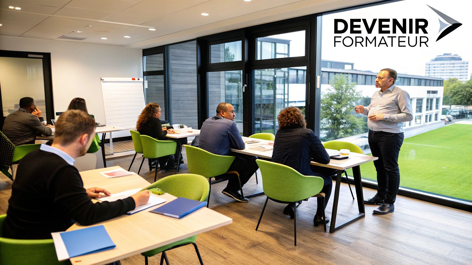 Une formatrice animant une session de formation pour un groupe d'adultes attentifs.