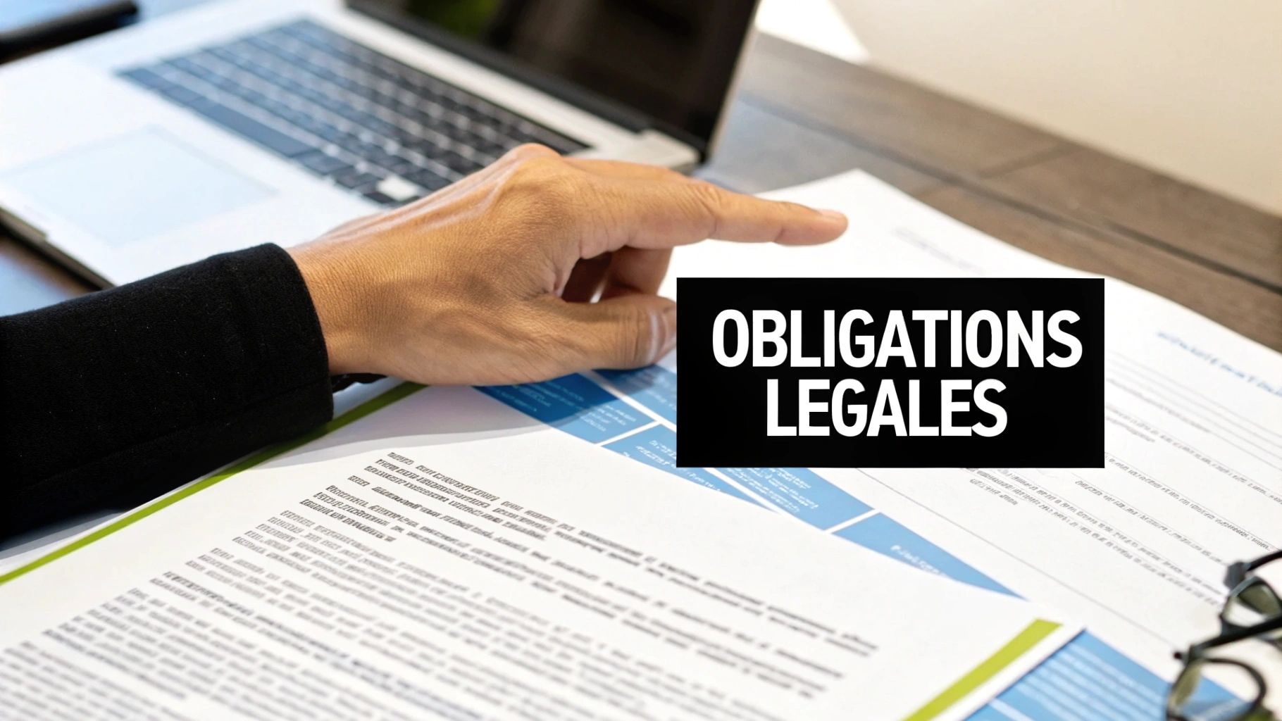 Main pointant des documents sur un bureau avec un ordinateur portable, affichant « OBLIGATIONS LÉGALES ».
